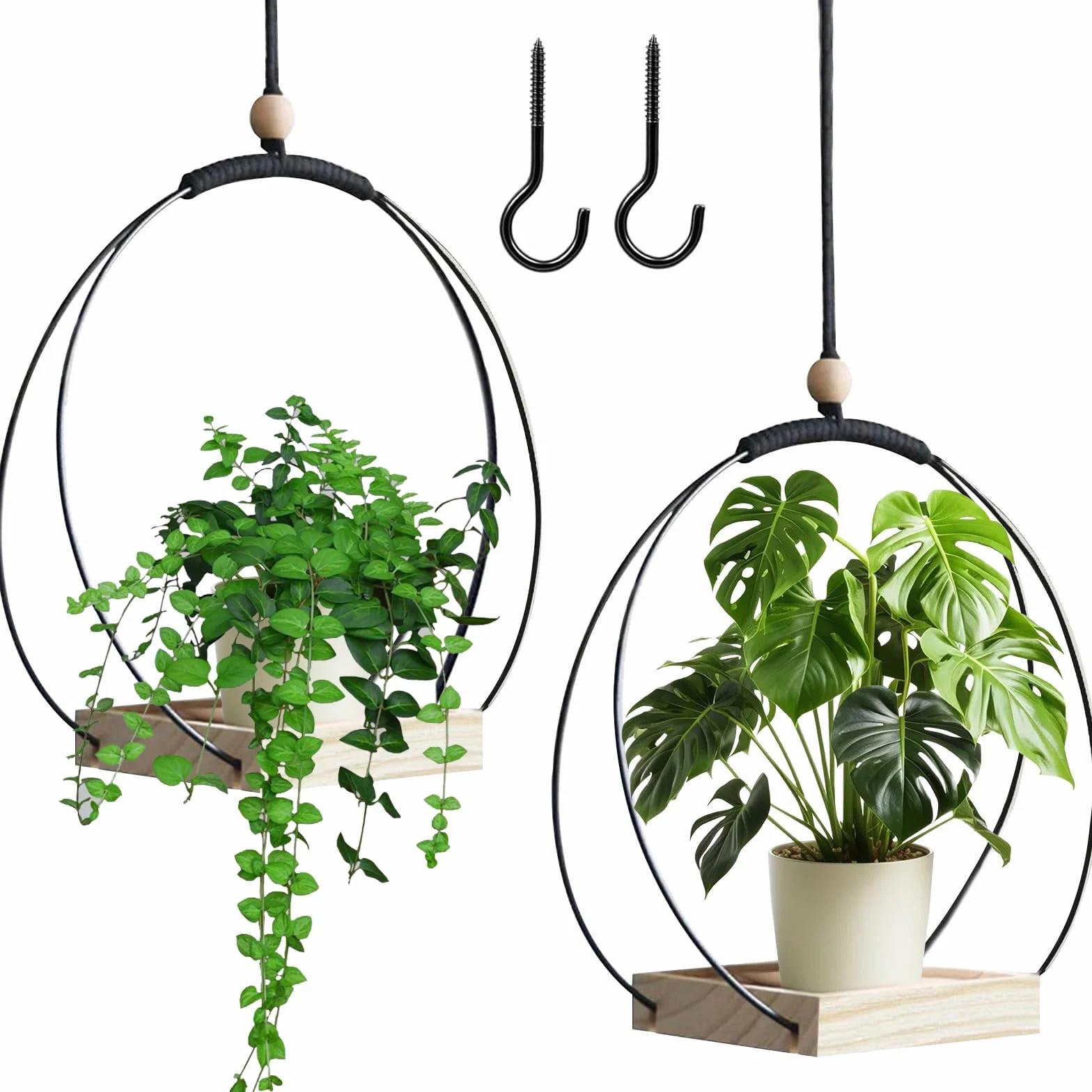 Suspension Plante Intérieure Macramé, Pot Suspendu avec Anneau Métal et Base Bois, Crochet Inclus