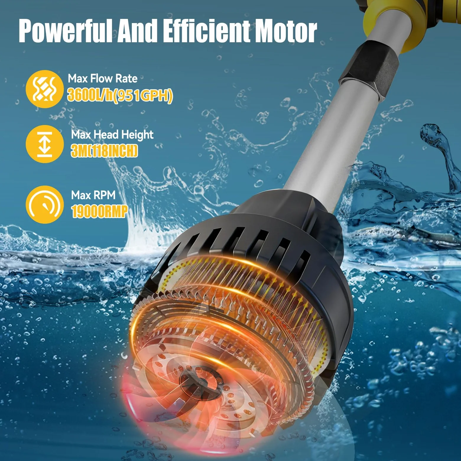 Pompe de transfert d'eau sans fil compatible avec De-Walt 18V, pompe de transfert portable, hauteur de tête de 3 m, débit élevé de 3600 L/h pour sous-sol, piscine, étang, barils de pluie, vidange de