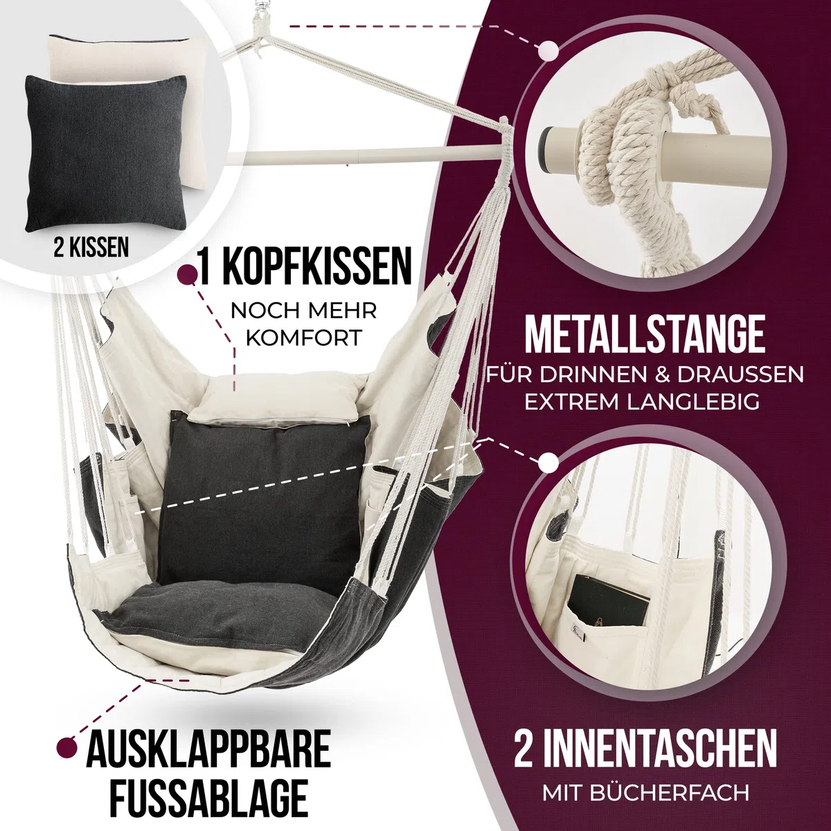 Heimling Fauteuil suspendu XXL haut de gamme pour intérieur et extérieur Paquet tout compris avec suspension + 3 coussins Salon, chambre à coucher