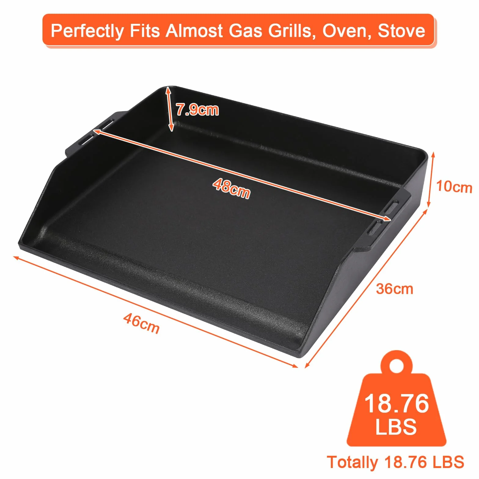 Denmay Plancha universelle en fonte de 48 x 36 cm pour barbecue à gaz, four et cuisinière, poêle pour RÖSLE VIDERO, Weber, CharBroil, Enders, Campingaz, Tepro et plus encore avec gouttière à graisse