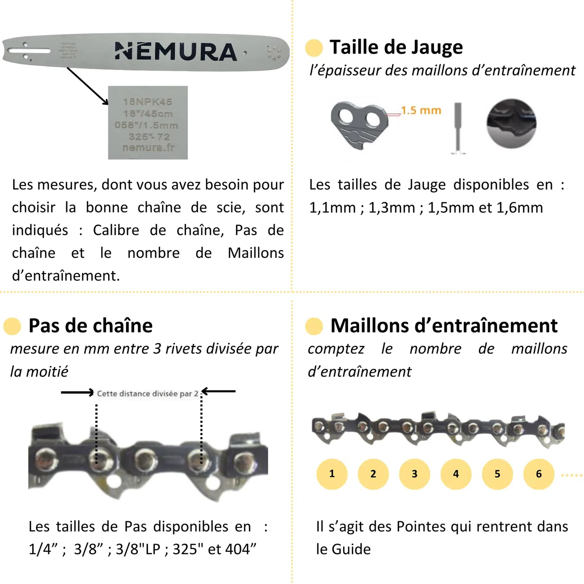 Nemura Lot de 3 Chaînes de tronçonneuse - Guide de 50 cm - 72 Maillons Entraîneurs - Pas 3/8 - Jauge 0.63 (1,6mm) - Pièces détachées de Qualité Professionnelle - Marque Française