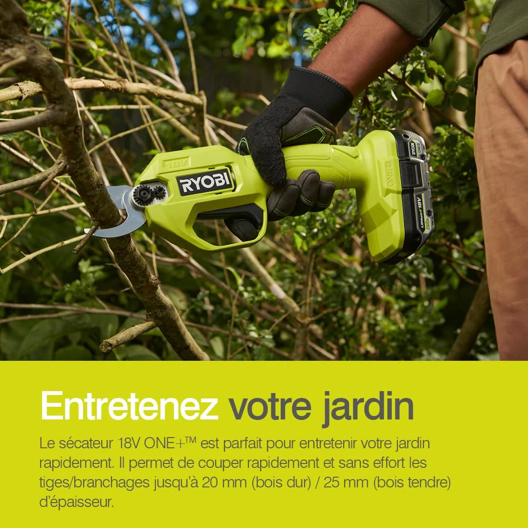 RYOBI - Sécateur Sans Fil 18V ONE+ RY18SCA-0 – Coupe Jusqu’à 25 mm, Lame Acier, Sécurité Active – Taille Facile Branches et Rosiers – Batterie Non Incluse