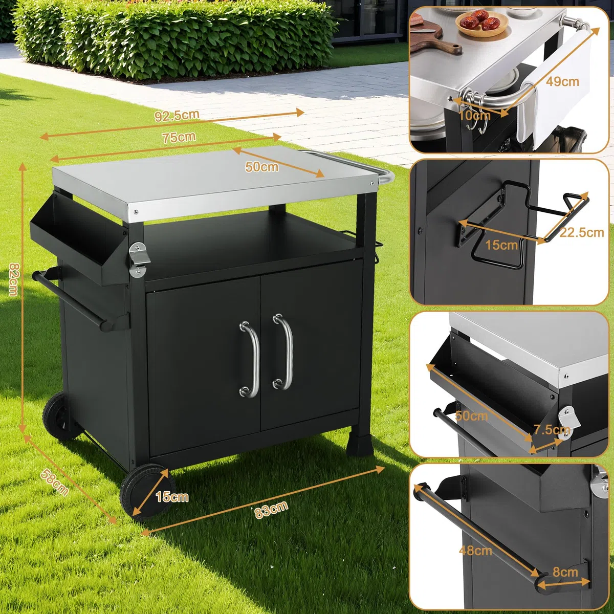 LIFERUN Chariot de Barbecue en Acier Inoxydable,Table de Barbecue avec Crochets, 2 roulettes et Armoire, Desserte Extérieure 3 Niveaux Plateau de Table INOX, Chariot BBQ pour Terrasse et Four à Pizza