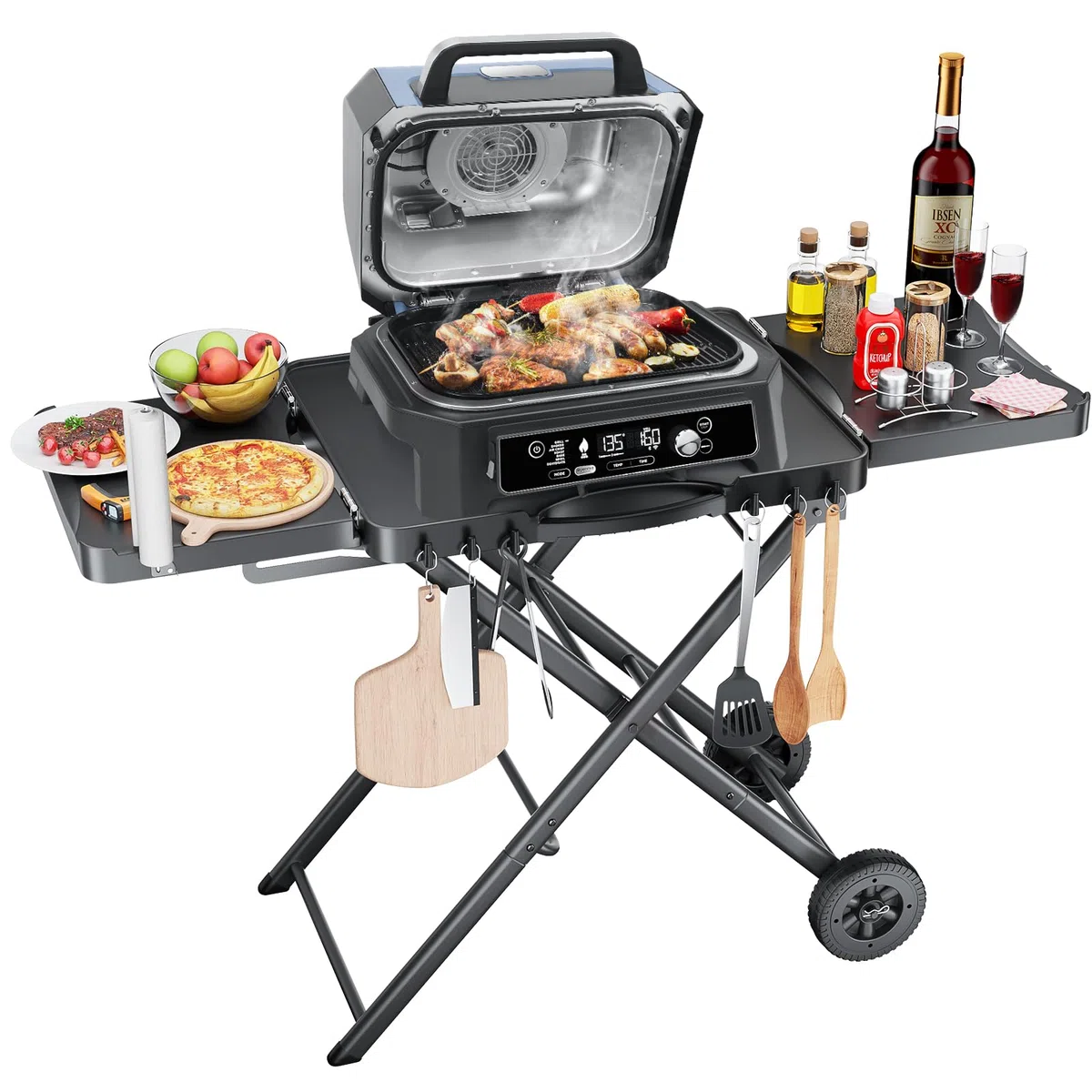 GFTIME Chariot de barbecue portable pour Weber, Ninja, Ooni, Blackstone, Nexgrill, Traeger et autres marques | Chariot de barbecue d'extérieur avec roues, tables