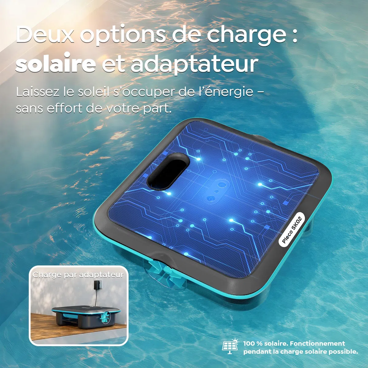SK02 Robot Skimmer Solaire de Piscine, Robot Piscine sans Fil, Double Recharge, Sonde de Température, Contrôle App, Skimmer Piscine Hors Sol Automatique 24/7