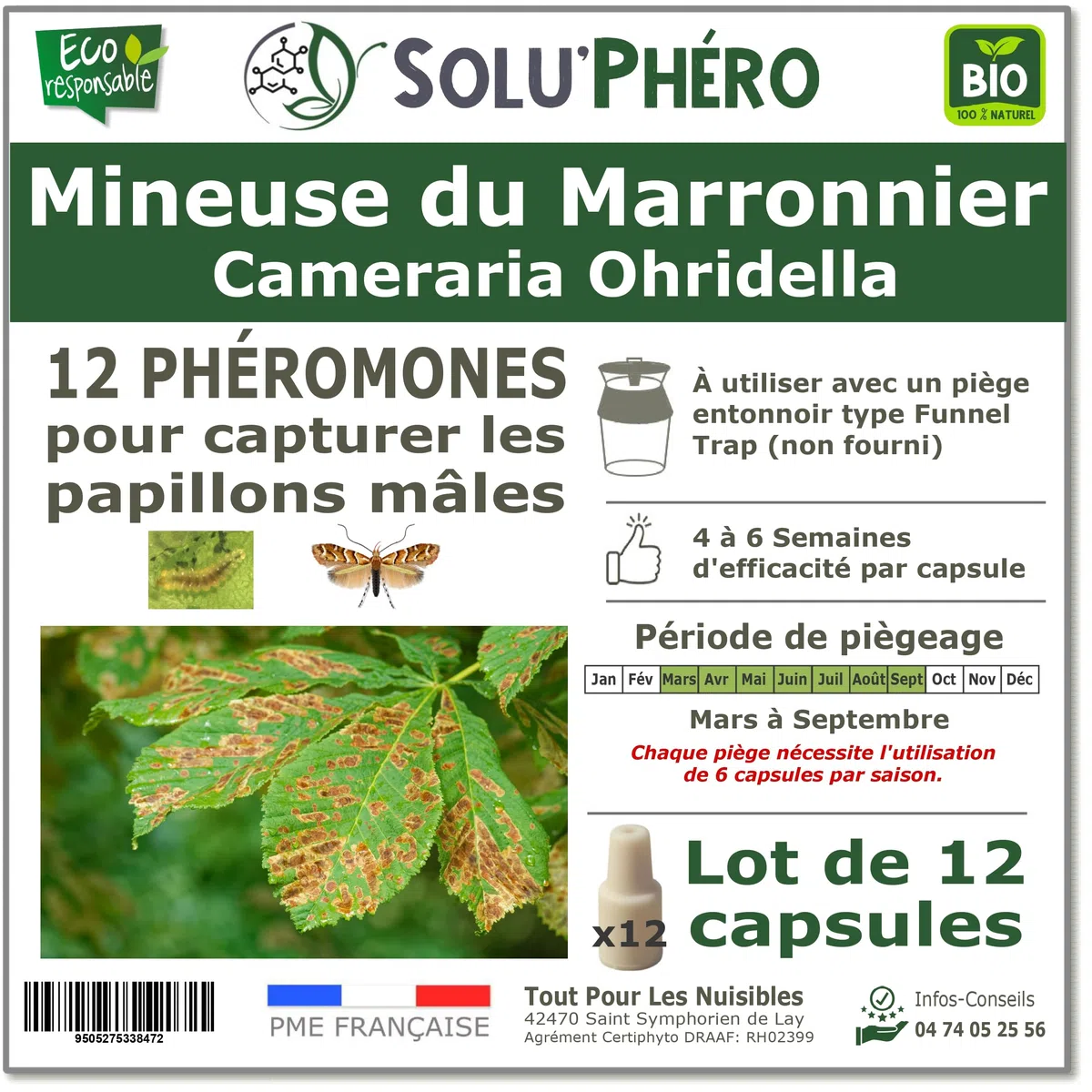 SOLUPHERO - 12 Phéromones Mineuse Marronnier Bio - Efficacité par Capsule de 4 à 6 Semaines - Phéromone Écologique de Contrôle de Cameraria Ohridella