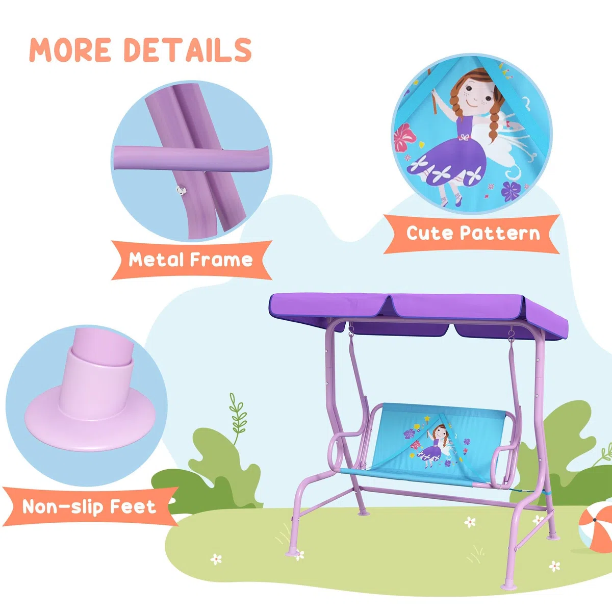 Outsunny Balançoire 2 places pour enfants avec auvent réglable, banc de jardin double sur le thème des fées avec ceintures de sécurité pour patio, parc, porche, pour enfants de 3 à 6 ans, couleur