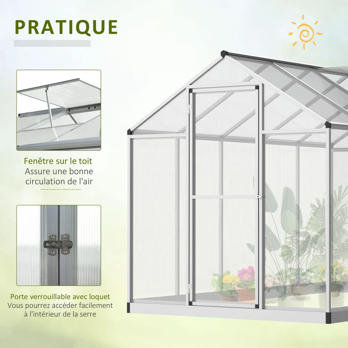 Outsunny Serre de Jardin en Aluminium Polycarbonate, Serre avec fenêtres supérieures réglables, Porte battante, abri extérieur résistant aux intempéries pour Plante Fleur, 303x183x195 cm, Transparent