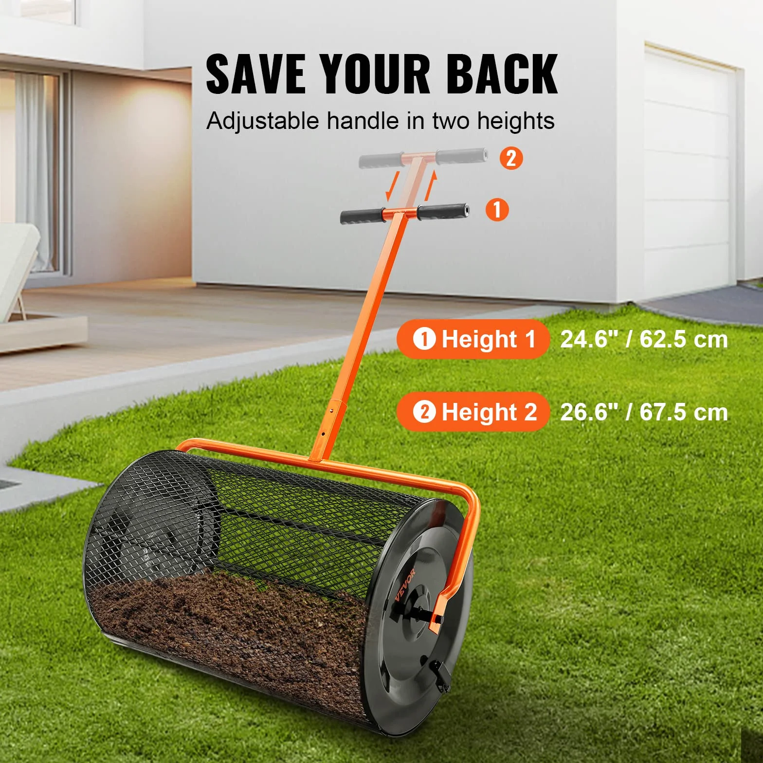 VEVOR Épandeur de Compost Largeur 61 cm Épandeur de Mousse de Tourbe Poignée Hauteur Réglable 62,5-67,5 cm Panier en Maille d'acier Loquets Latéraux pour Épandre Fumier Terre Végétale Pelouse Jardin