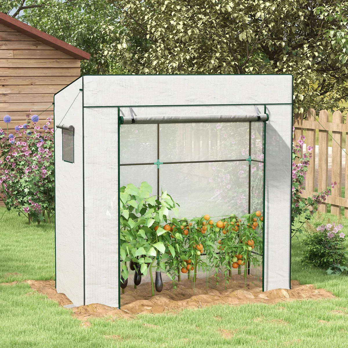 Outsunny Serre de Jardin PE, Serre de Balcon, bâche renforcée 140 g/m², châssis en Acier, Porte zippée Enroulable, 2 fenêtres, pour légumes Plantes Fleurs, intérieur et extérieur, 196x77x197cm, Blanc