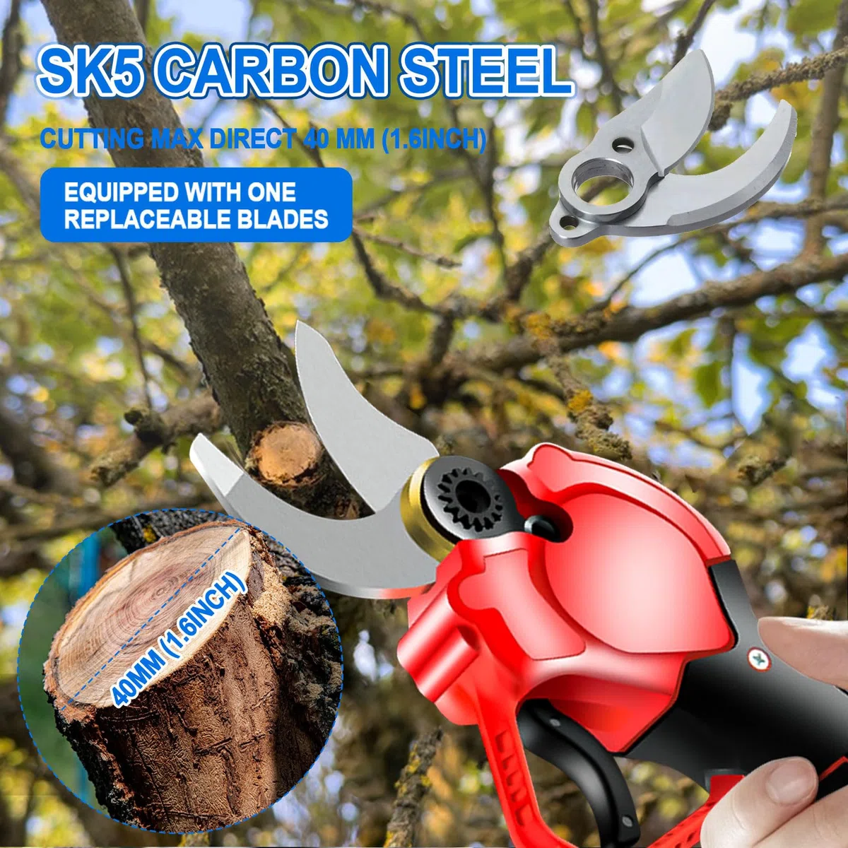 Sécateur électrique sans fil 40 mm, 21 V, moteur sans brosse, lames SK5 avec verrouillage de sécurité, sécateur à batterie pour arbres fruitiers, jardins, branches