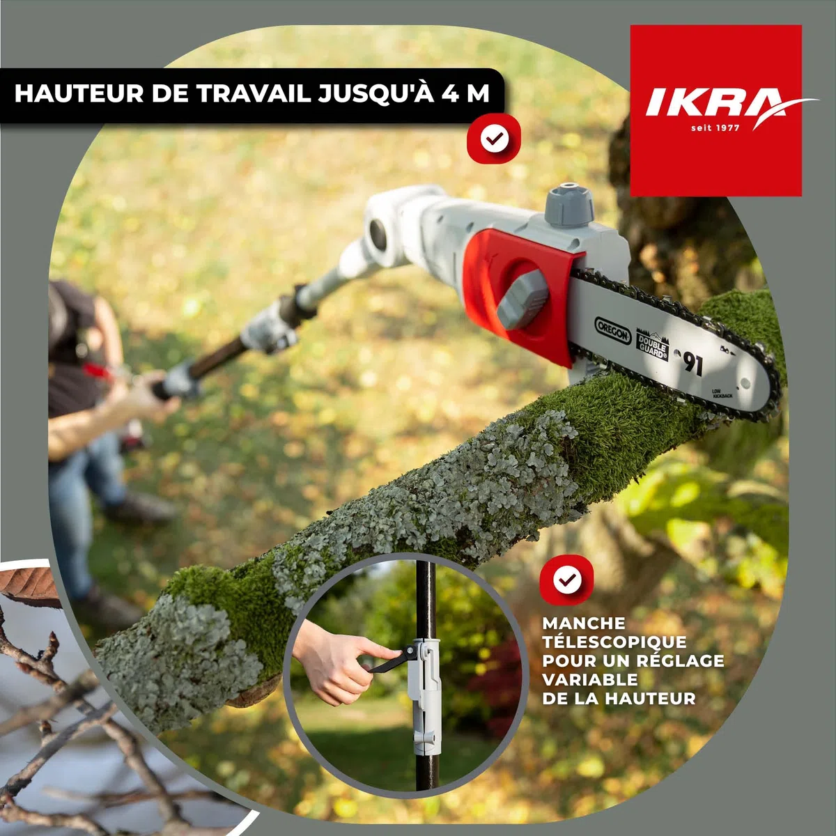 Ikra élagueuse télescopique sur batterie ICPS 2020, longueur de coupe 20cm, autonomie 40 min