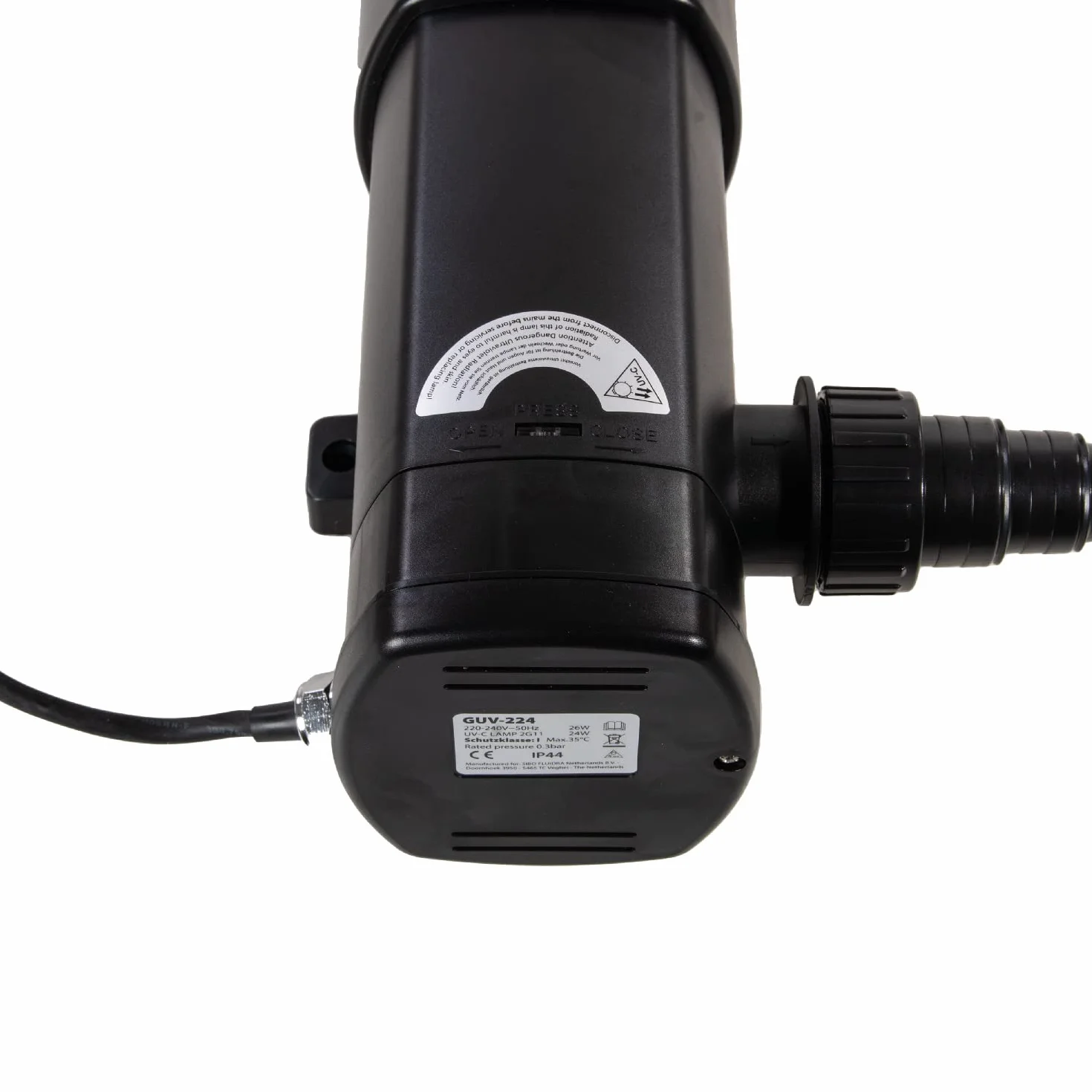 AquaForte GUV-236 UV-C, Max. Teich 45 m³, Max. Durchfluss 6 m³/Stunde, 36 Watt, Gehäuse mit Quick Lock-Anschluss, 3 Schlauchtüllen 20/25/32/40 mm und UV-Visier, Helix-Form Innenraum