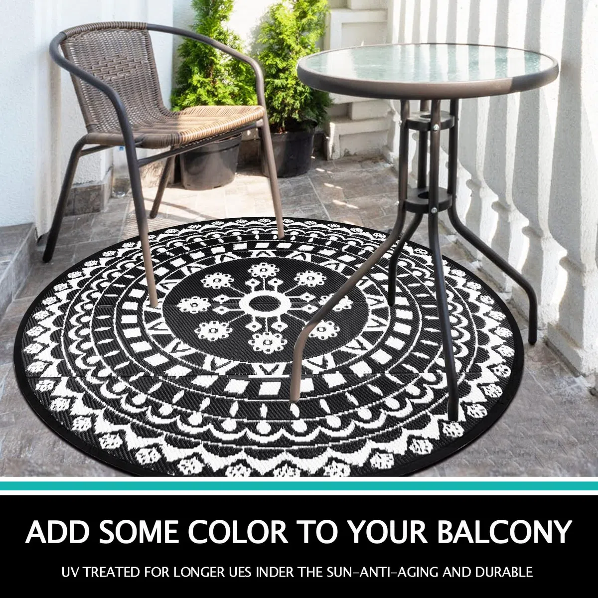 Capslpad Tapis rond extérieur réversible bohème paille plastique imperméable camping-car jardin balcon terrasse tente pique-nique plage camping sac transport