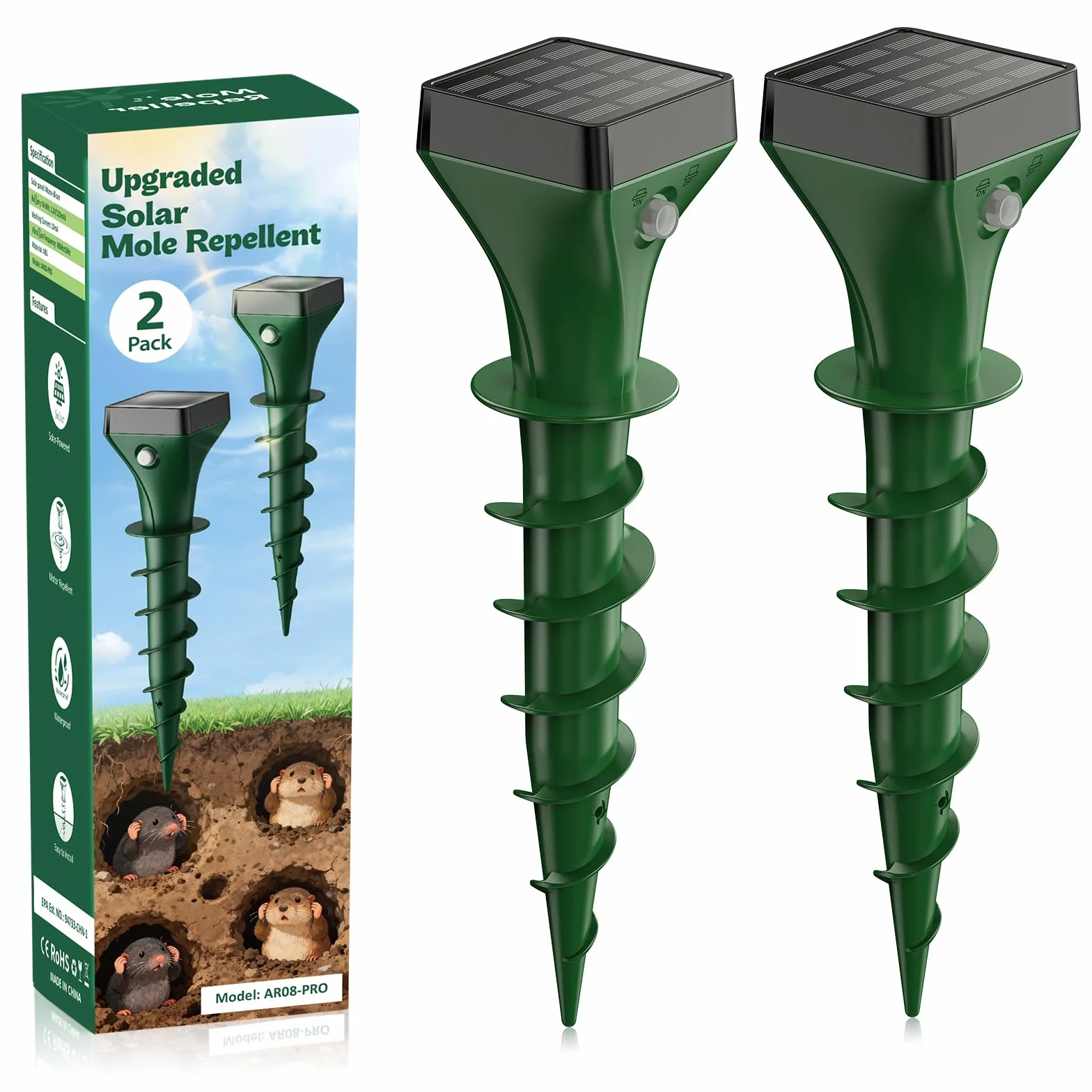 Répulsif Taupe Vibration Ultrasons Anti Taupe Solaire 2 Pièces Vert