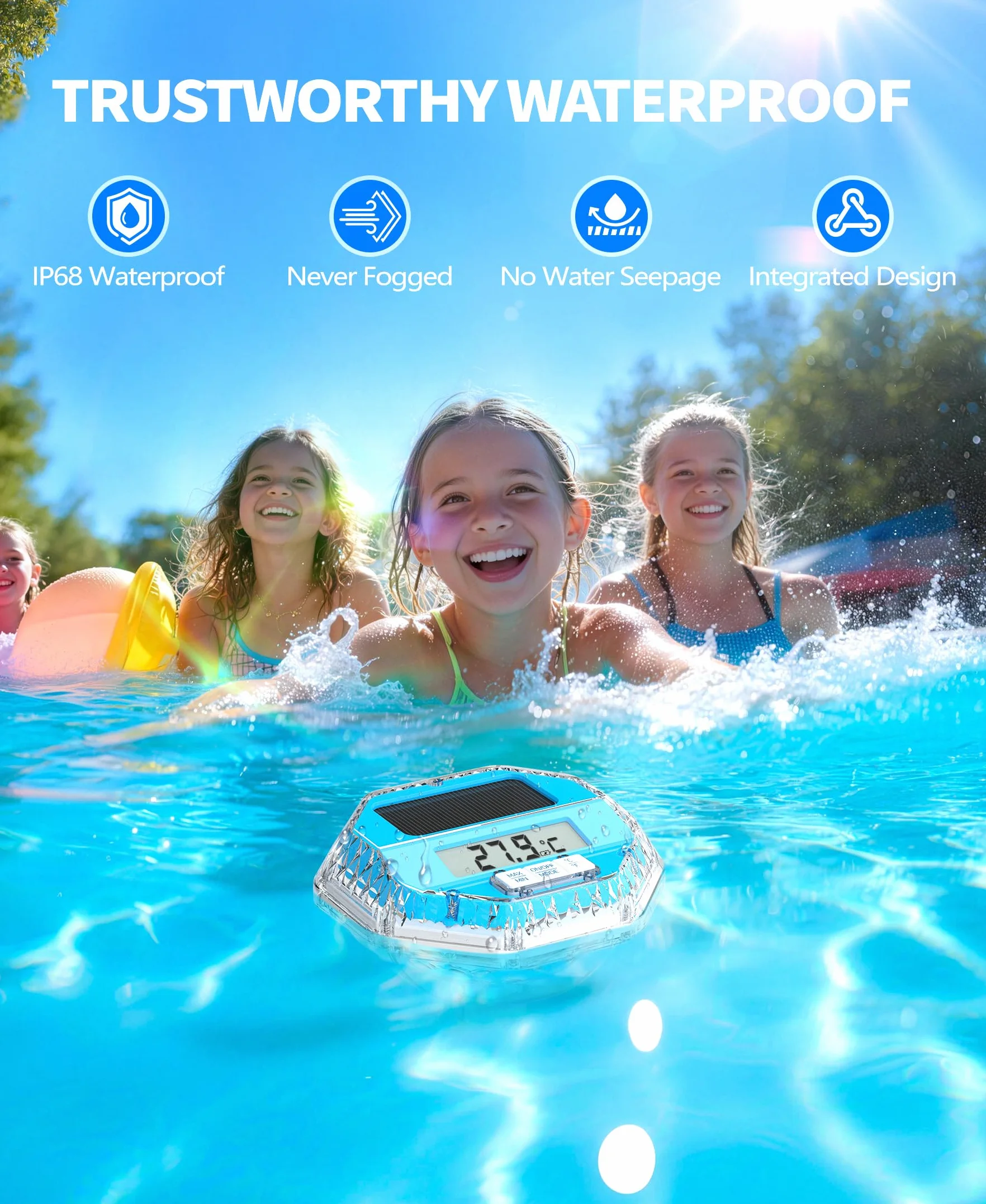 LanBlu Thermomètre Piscine Flottante avec Lumière, Solaire Facile à Lire la Nuit, Grand Écran LCD pour Bassin Spa
