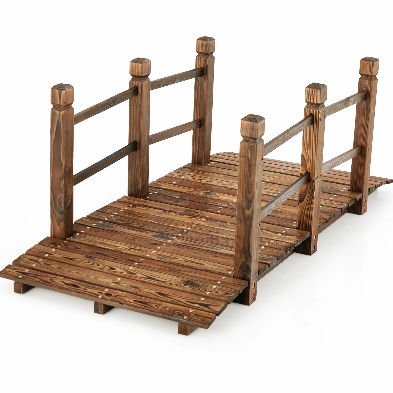 COSTWAY Pont de Jardin en Bois de Sapin Carbonisé Charge Maximale 150KG, Pont sur Étang 150 x 67 x 55 cm avec Double Garde-Corps de Sécurité, Décoration du Jardin pour Patio Cour (Marron foncé)