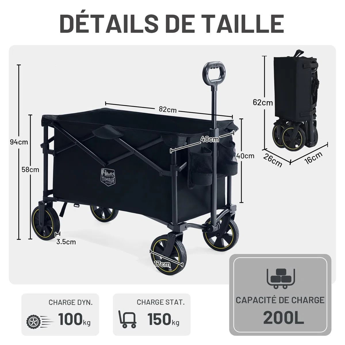 TIMBER RIDGE Chariot Camping Pliable 200L avec Porte-gobelet Poignée Réglable Chariot de Jardin pour Tous Les Terrains Extérieur Camping Shopping Pêche Charge Max 150kg