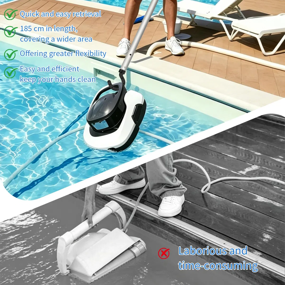 Set de 4 Crochet Robot Piscine 185 CM Tige Télescopique Crochet pour Aspirateur pour Piscine Set Facile à Utiliser Avec Gants et Chiffon Compatible Avec la Plupart des Dispositifs de Nettoyage