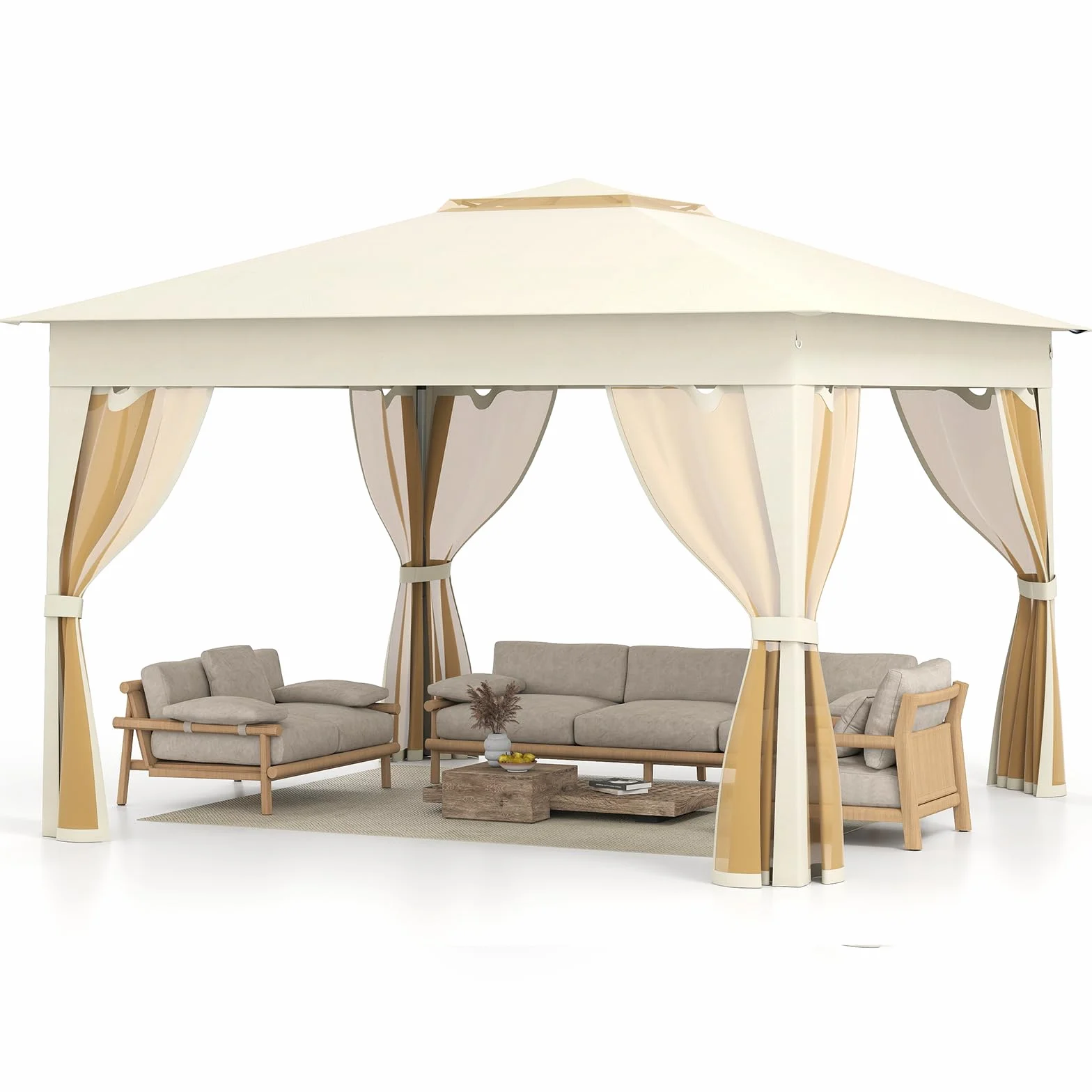 RELAX4LIFE Tonnelle Pliante 3x3 avec Moustiquaires, Toit Ventilé Argenté, Protection Solaire, Sac Inclus, Beige