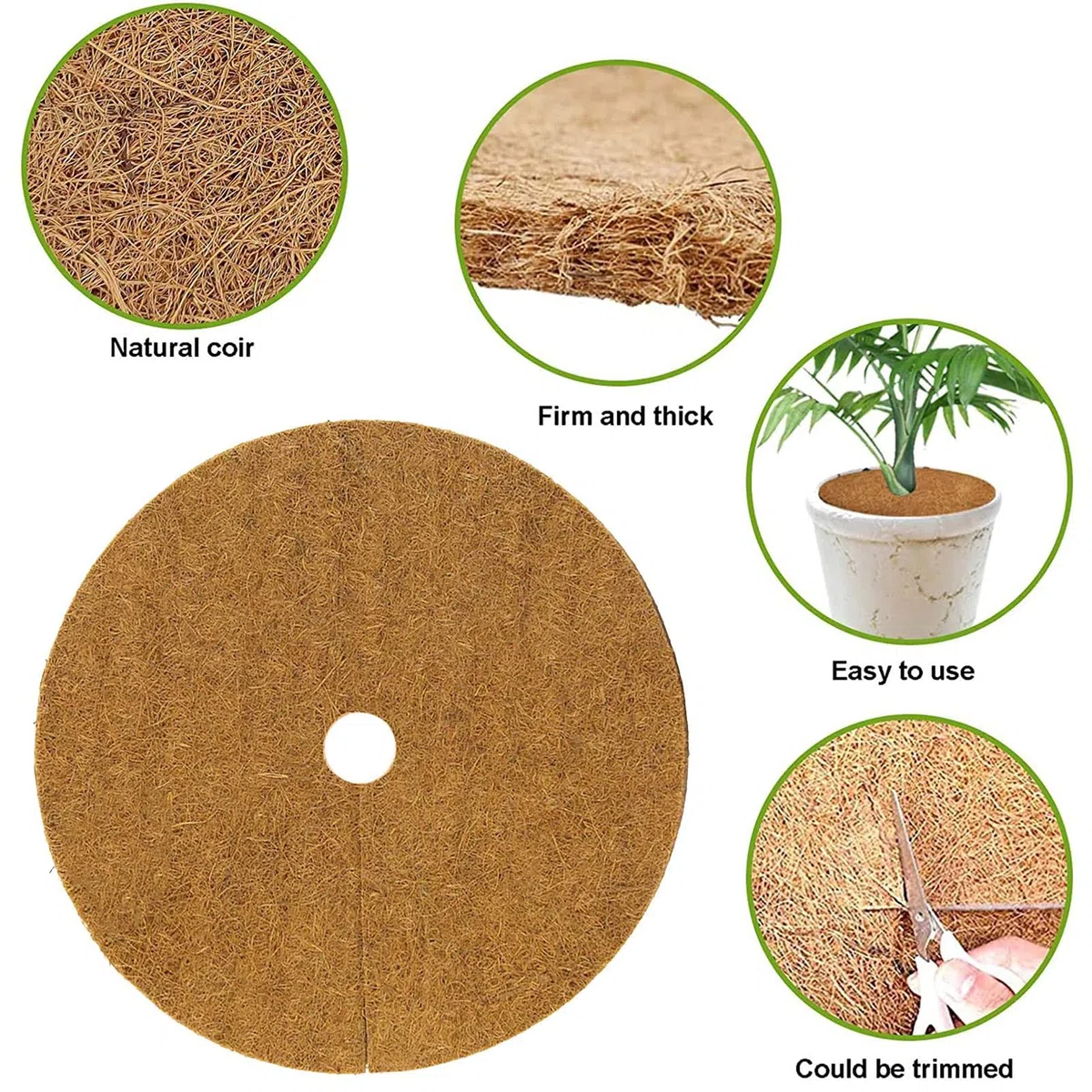 Lot de 10 tapis de paillage en fibre de coco de 20/30/40/50 cm de diamètre en forme d'anneau pour plantes et arbres en pot d'intérieur et d'extérieur.