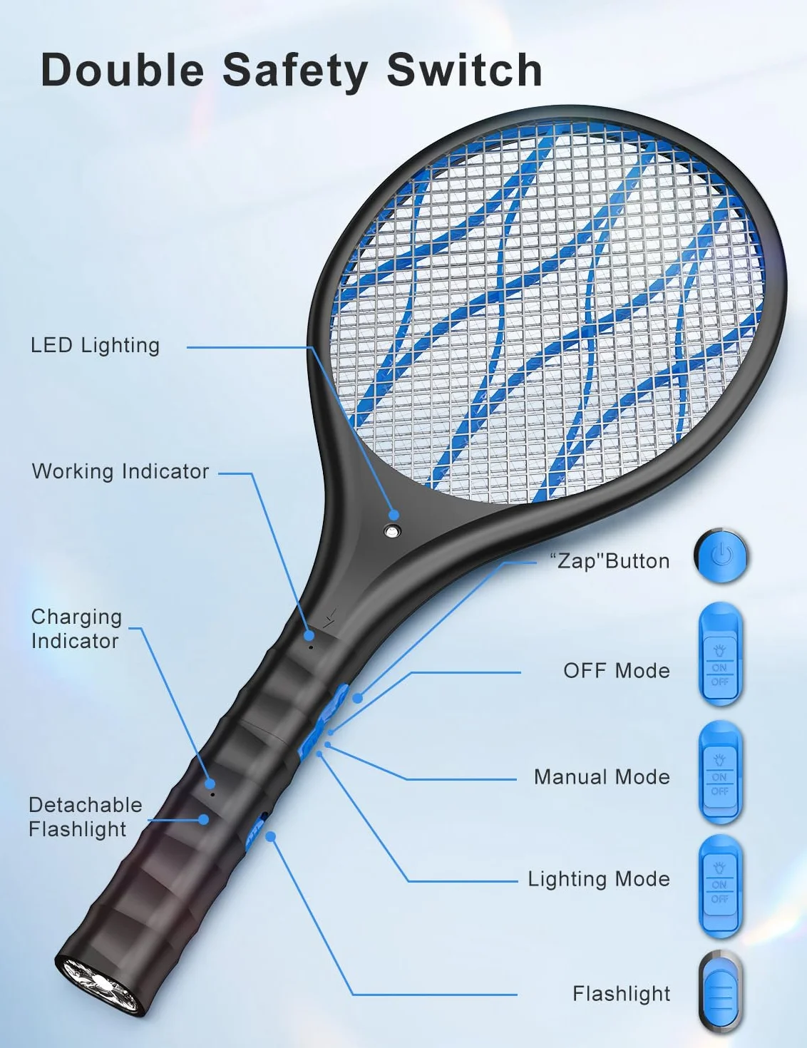 AROEVE Raquette Electrique Insectes 4000V Anti Moustique Recharge USB Lumière LED Lampe Torche Protection 3 Couches Double Interrupteur Noir