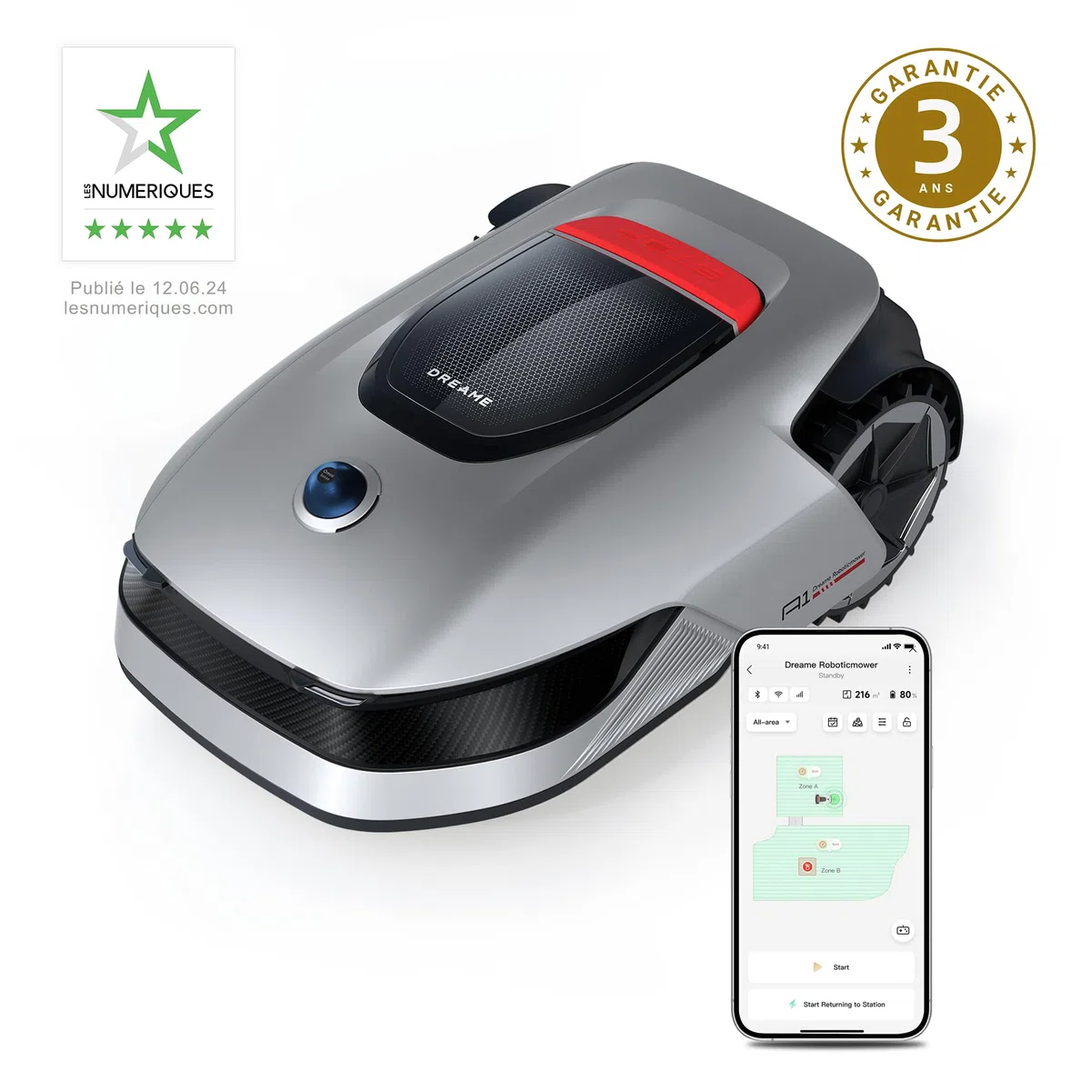 dreame A1 Robot Tondeuse Intelligente, Tondeuse à Gazon robotisée sans Fil périmétrique, Contrôle Aapplication, OmniSense Technologie, Gestion intuitive des Zones, Évitement Intelligent des Obstacles