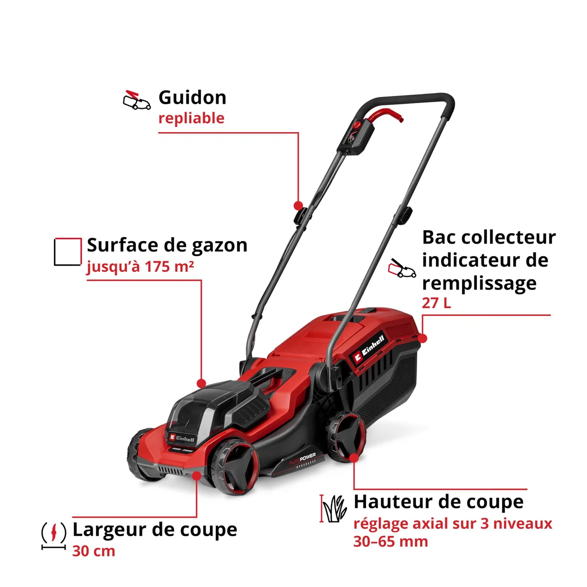 Einhell Tondeuse à Gazon sans Fil GE-CM 18/30-1 Li BL-Solo PXC (18 V, Largeur de Coupe 30 cm, Max. 175 m², Moteur brushless, bac collecteur 27 L, Hauteur de Coupe 30-65 mm, sans Batterie)