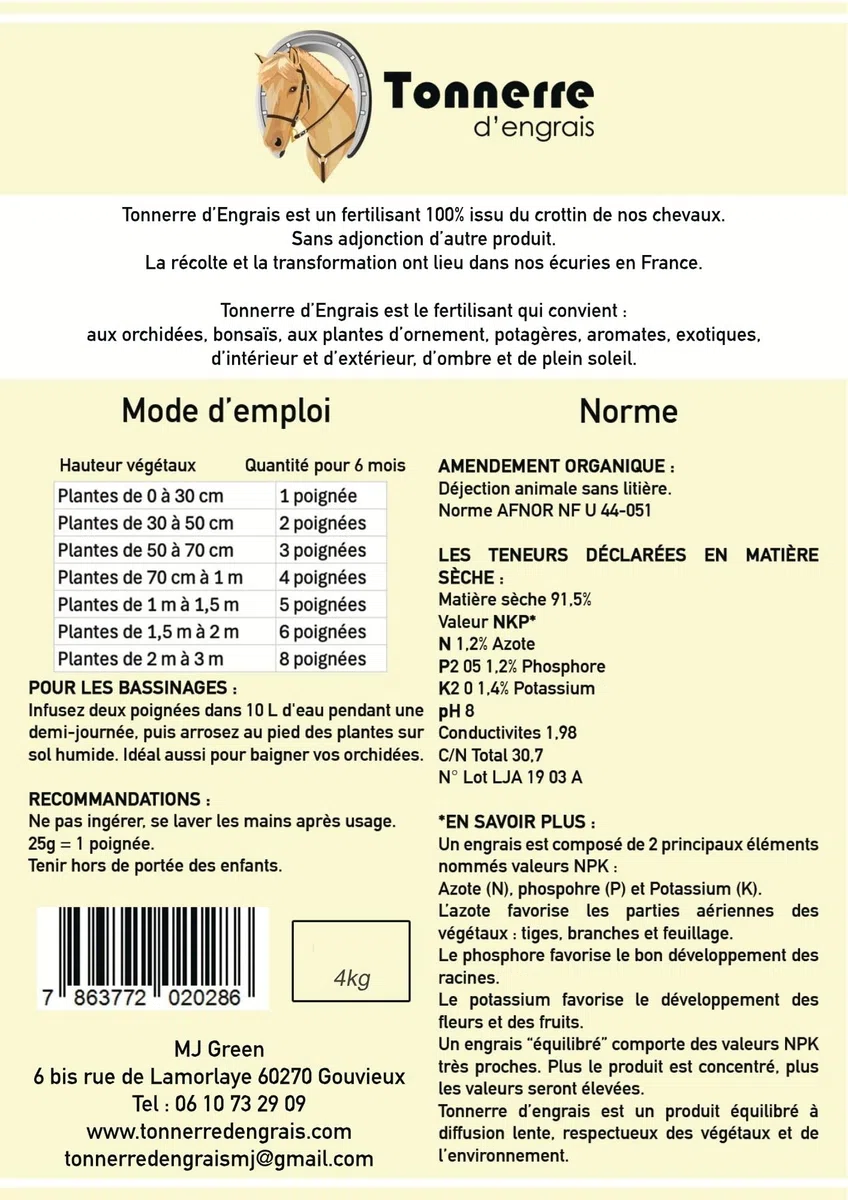 Tonnerre d'Engrais Fertilisant Naturel, 100% crottin de cheval, 4KG Organique pour Potager, plantes intérieur et extérieur