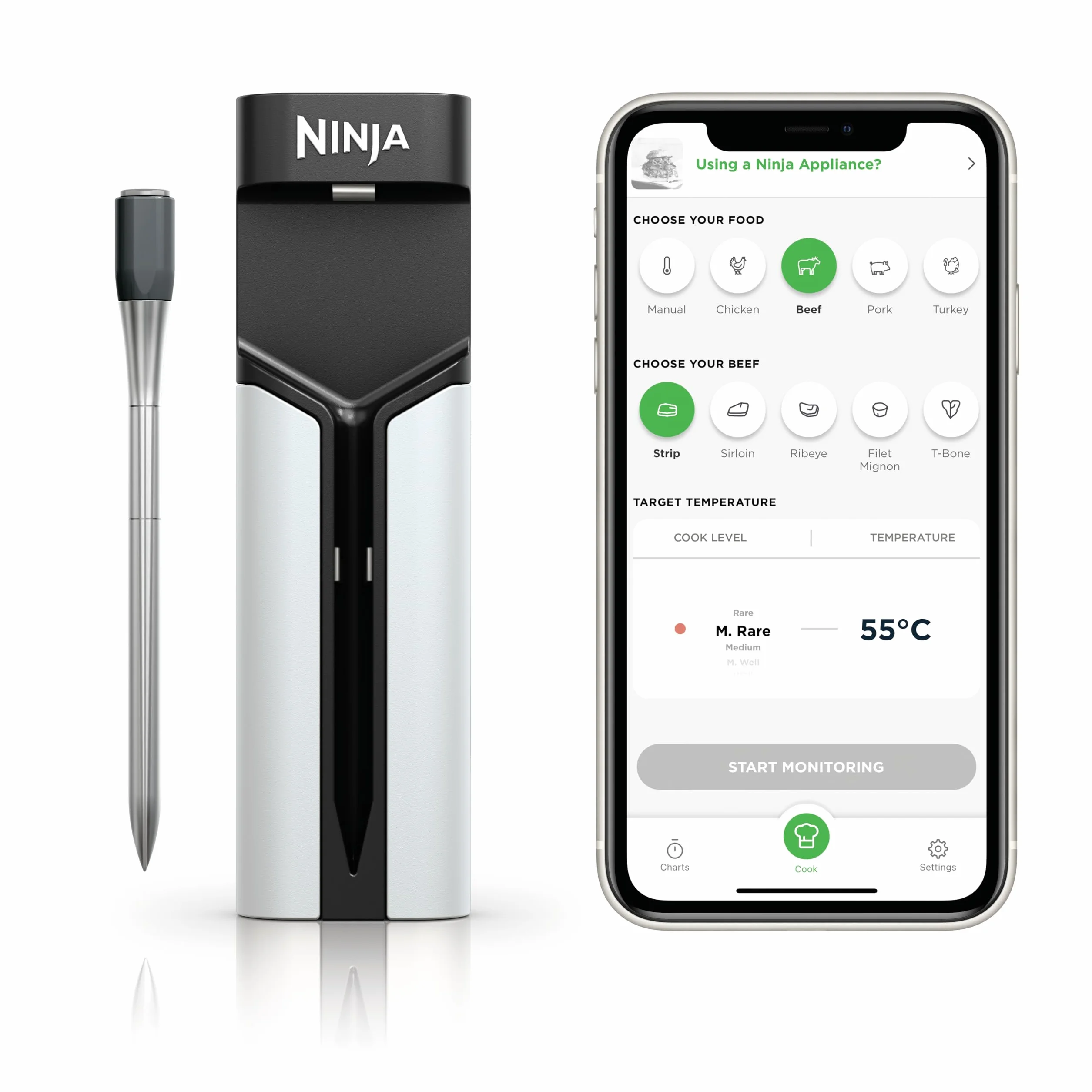 Ninja ProChef Sonde thermomètre à viande sans fil intérieur/extérieur, grillades et fritures sans huile avec portée Bluetooth de 50 m, autonomie 30 heures, connectée à l'app et étanche WP100EU
