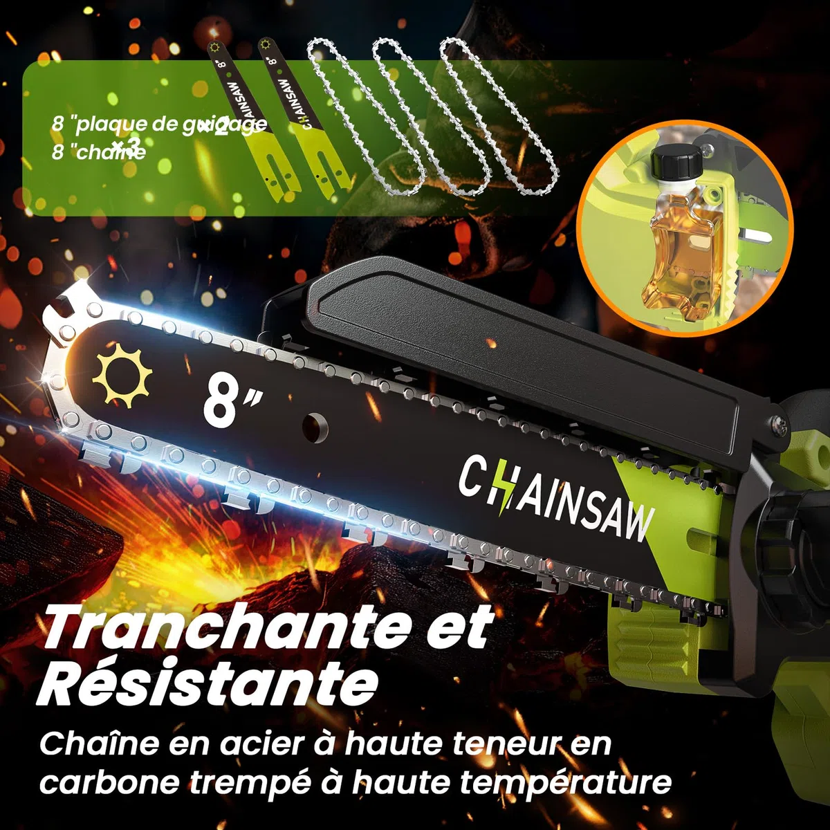 Mini Tronconneuse a Batterie 4000mAh, 8 Pouces 1300W Brushless Tronconneuse Électrique sans Fil avec Graisseur Automatique et Chaîne de Remplacement, Compatible Makita 18V, Idéal Extérieur & Jardinage