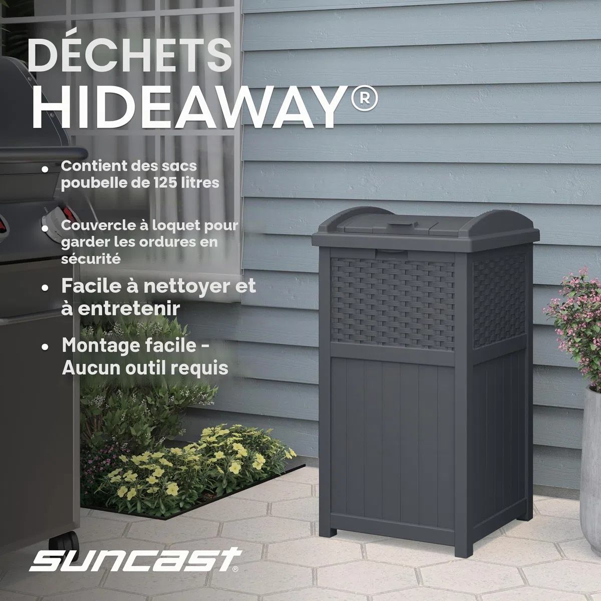 Suncast Poubelle cachée de style osier avec couvercle à verrouillage sécurisé et construction résistante aux intempéries pour terrasse, fabriquée aux États-Unis, 125 L, gris (Cyberspace Grey)