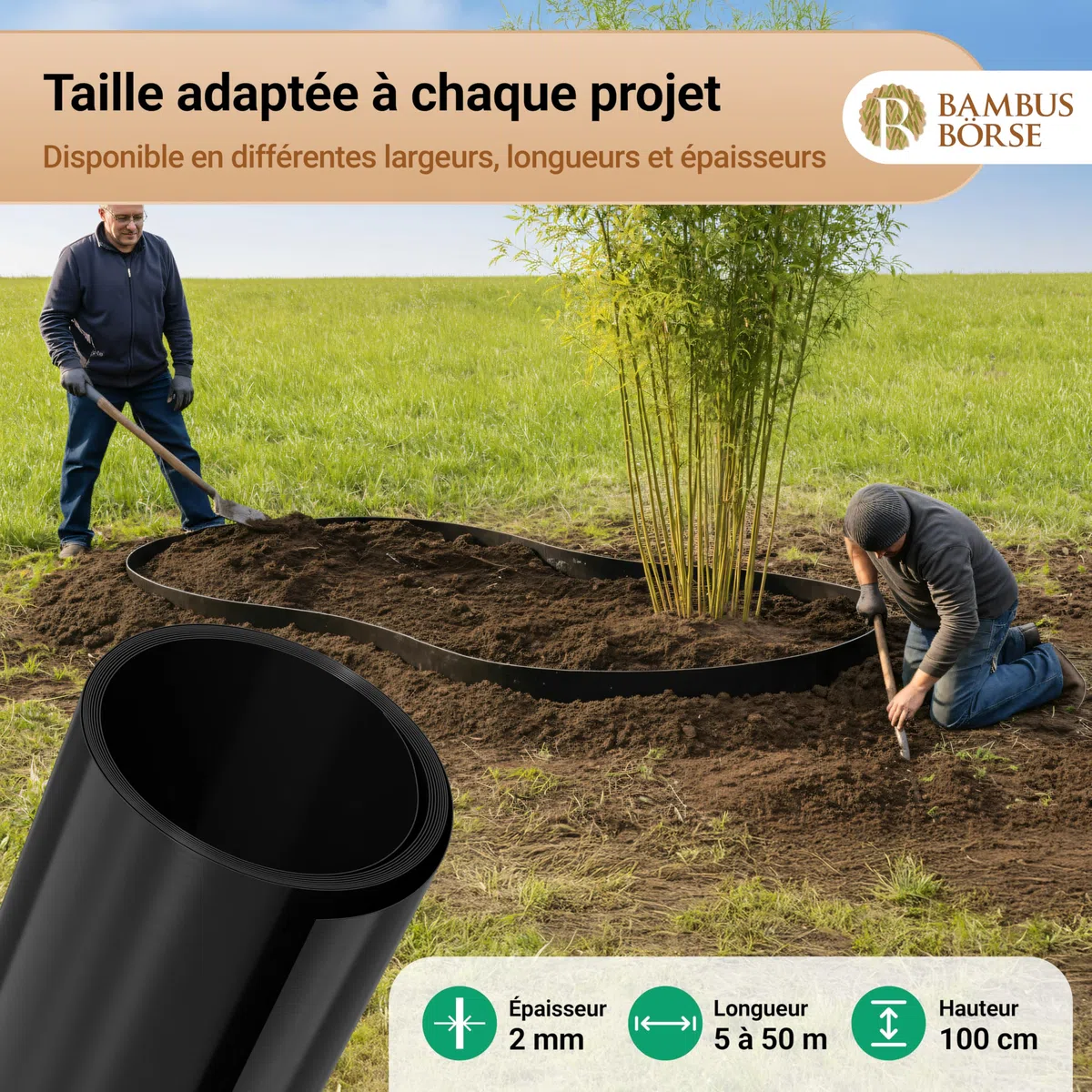 Barrière anti-racines de 100 cm de haut - Barrière anti-rhizomes Épaisseur 2 mm - 10 m de longueur - En HDPE de haute qualité