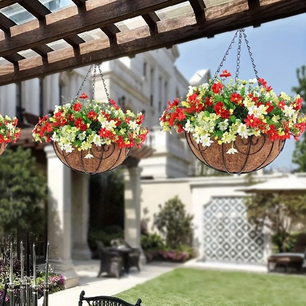 NatureMan Lot de 2 paniers de plantation suspendus 25 cm - Pots de fleurs extérieurs avec doublure en coco - Support pour plantes rond en fil de métal avec chaîne