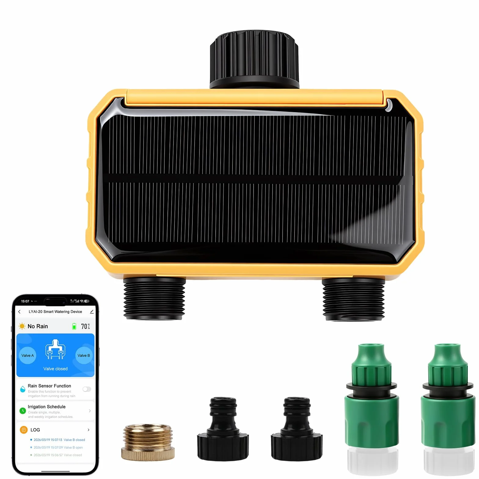 Smart Programmateur Arrosage WiFi 2 Voies, Solaire y Batterie Intégrée, Contrôleur d'irrigation Automatique à Distance Wi-FI pour Plantes D'intérieur, Jardin
