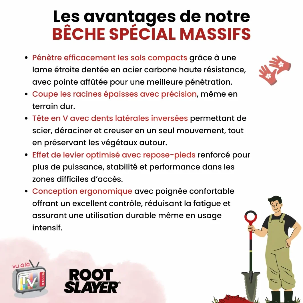 Bêche RootSlayer spécial massifs - Venteo - Rouge -Adulte -Dents Ultra-aiguisées en Acier, Ultra-résistante et légère