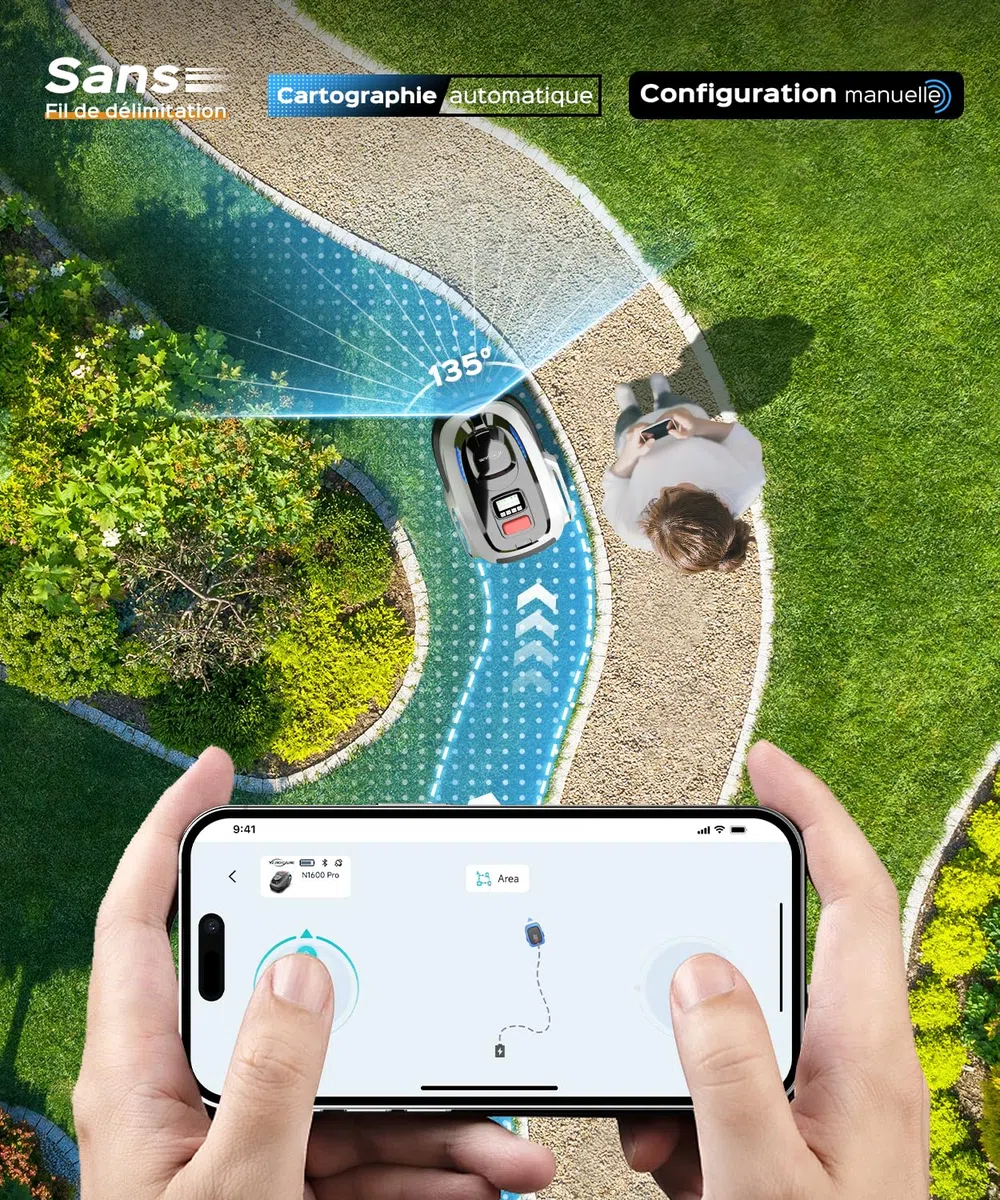 (2026 Upgrade) YARDCARE N1600 Pro Robot Tondeuse sans Fil périphérique, Max 1600 m² – avec RTK & Vision, trajectoire en U, Gestion multizone, contrôle Via Application et évitement des Obstacles