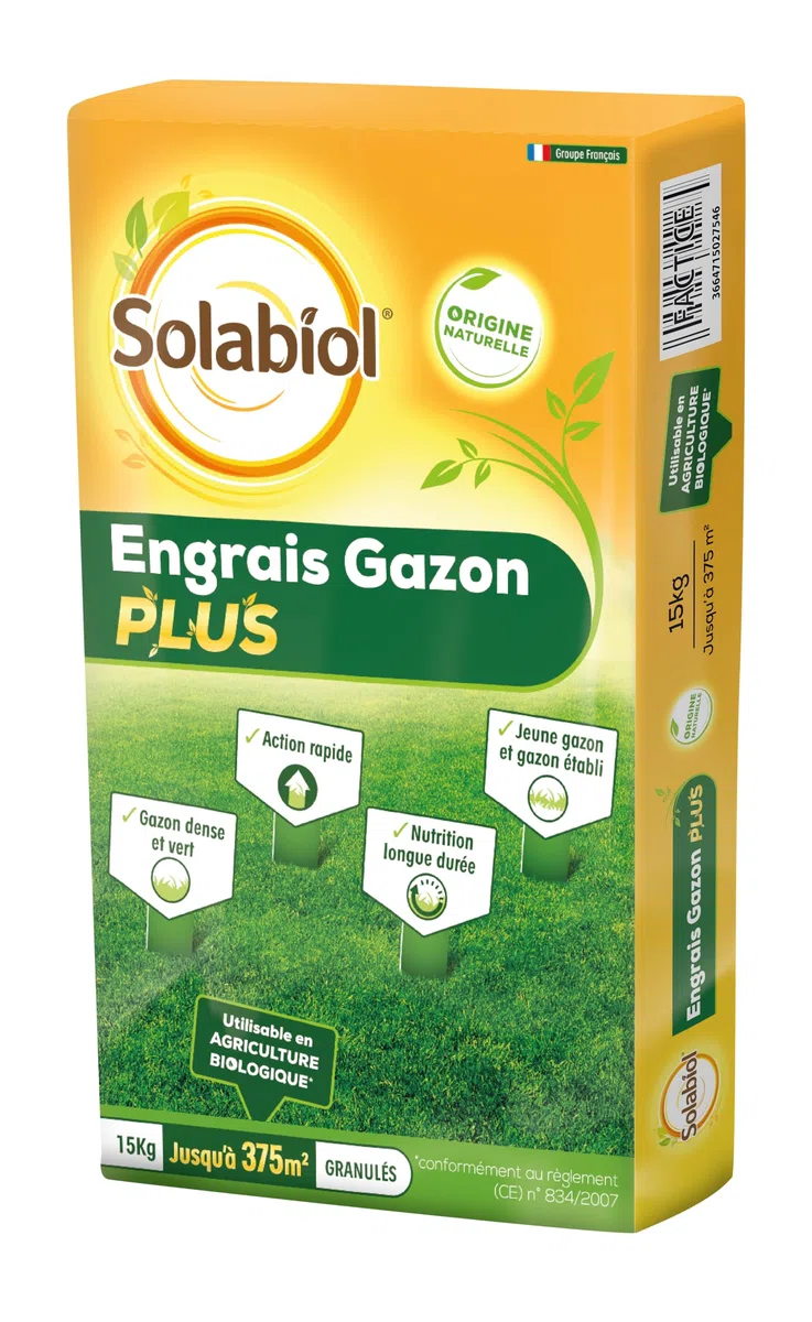 SOLABIOL Engrais Gazon Plus 15 kg Granulés Jusqu'à 375m² Nutrition Longue Durée