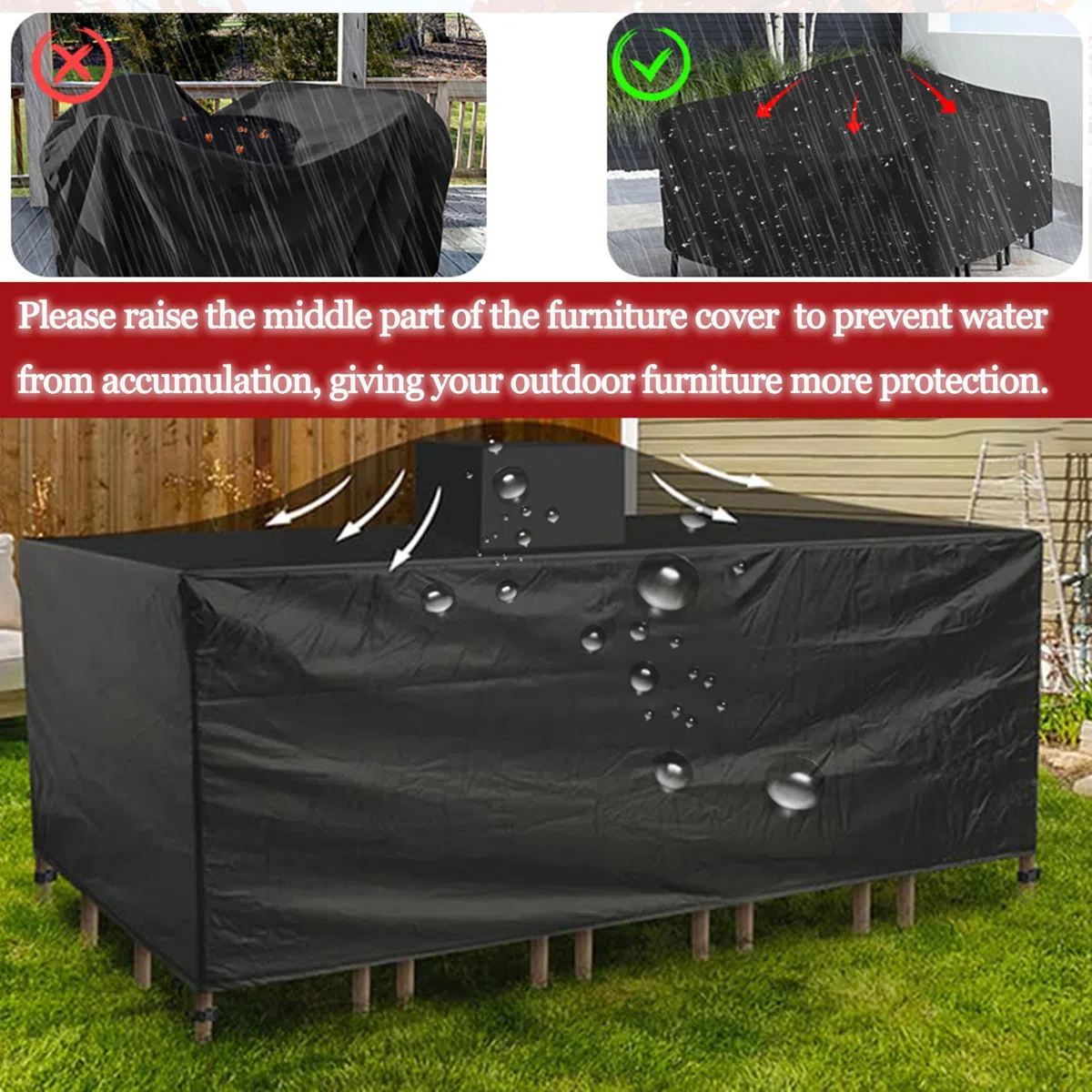 Housse de Protection Salon de Jardin 200x125x105 cm | Bâche pour Meubles et Table Extérieure Imperméable | Tissu Oxford 420D Robuste avec Cordon de Serrage, Noir