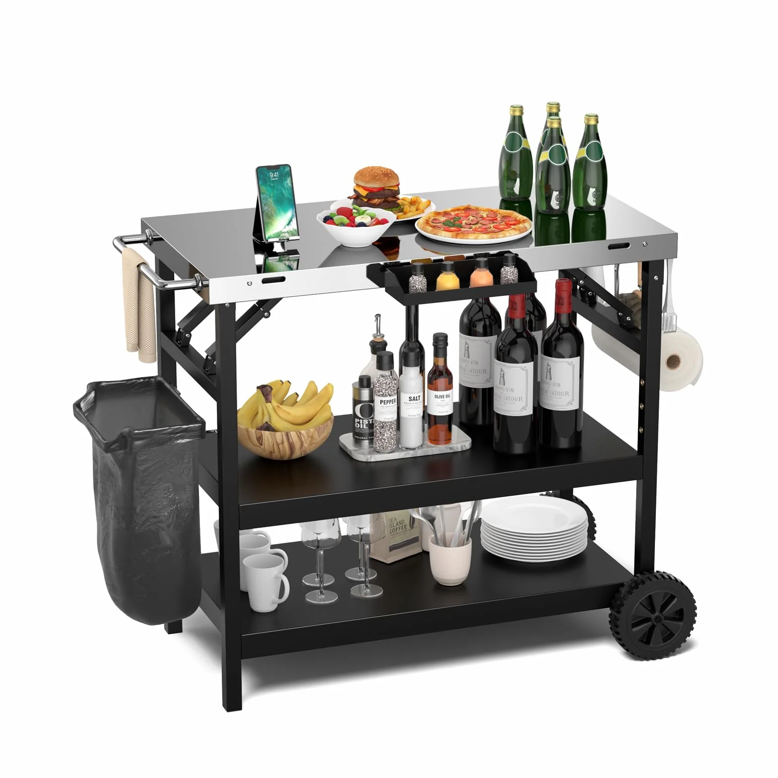 KOMFOTTEU Chariot pour Barbecue avec 3 Étagères, Desserte de Jardin Pliable avec Porte-Serviettes, Crochets et Étagère à Épices, Desserte d’Extérieur, 106 x 52 x 84 cm, Noir