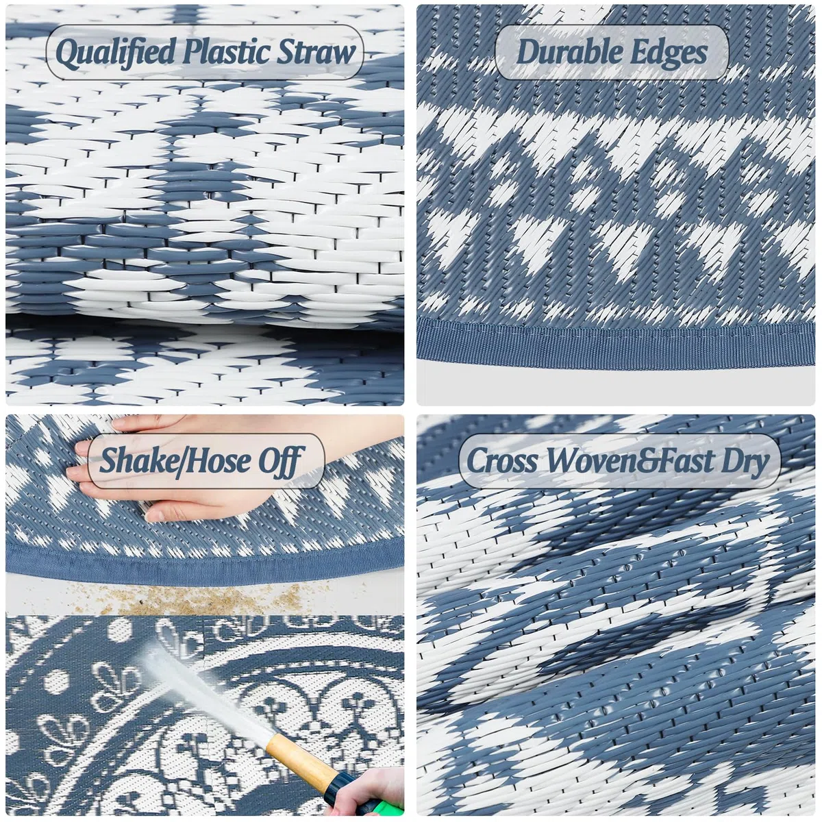 Cekene Grand tapis d'extérieur rond imperméable, réversible, en plastique, facile à nettoyer, pour extérieur, terrasse, jardin, camping-car, remorque, terrasse, pique-nique - Bleu - 240 cm