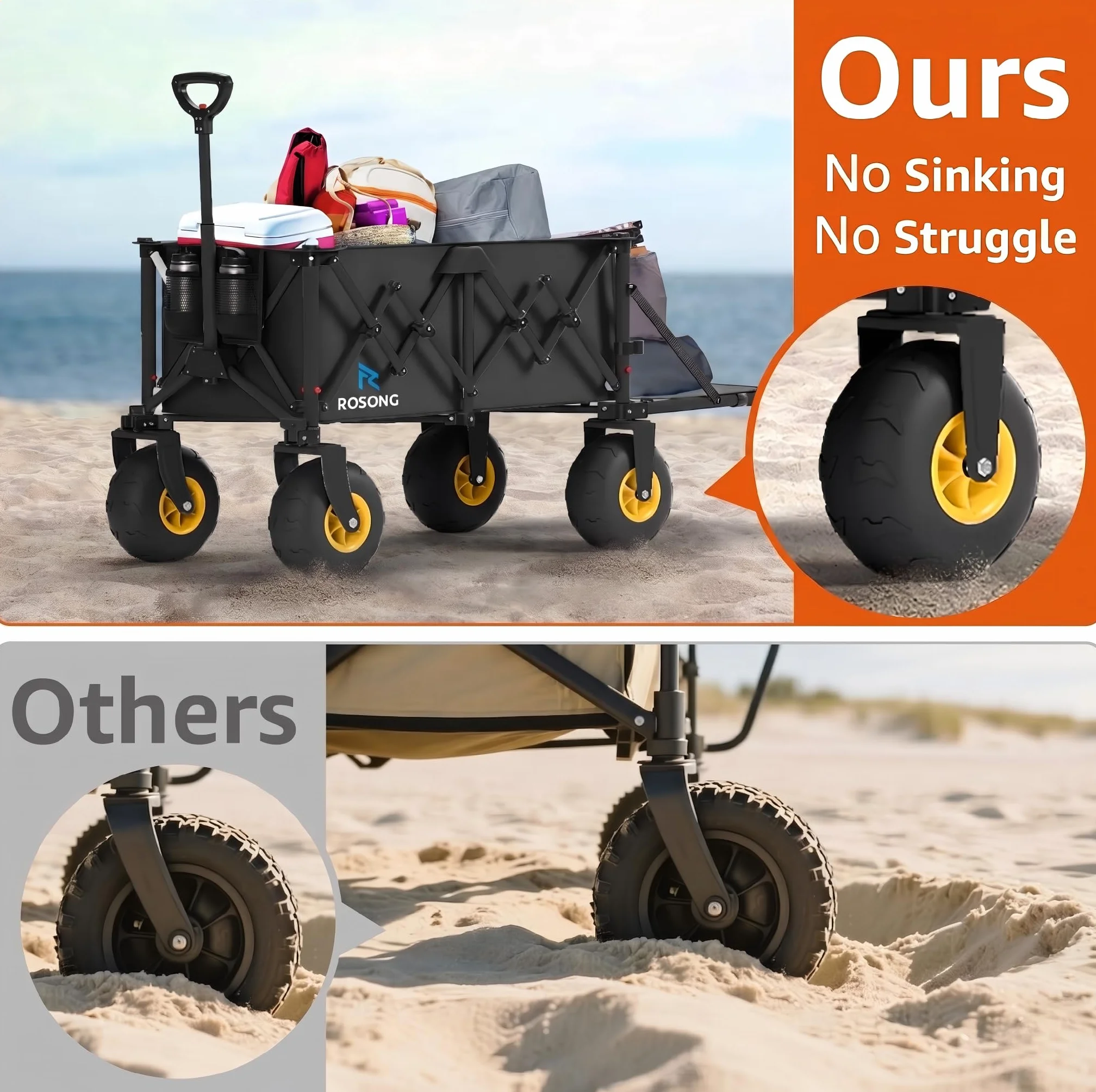 ROSONG Chariot de Plage Pliable avec Grosses Roues Chariot de Transport Tout-Terrain avec Hayon pour Objets Longs Remorque Jardin et Plage Camping Jardin, Noir