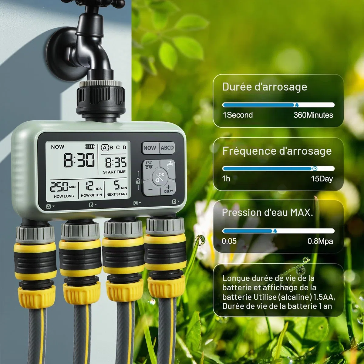 CROSOFMI 4 Voies Programmateur Arrosage Automatique Minuteur Arrosage pour Jardin Programmateur Robinet Arrosage Connecté/Mode Verrouillage Enfant/Mode Automatique & Manuel/Retard De Pluie/IPX5