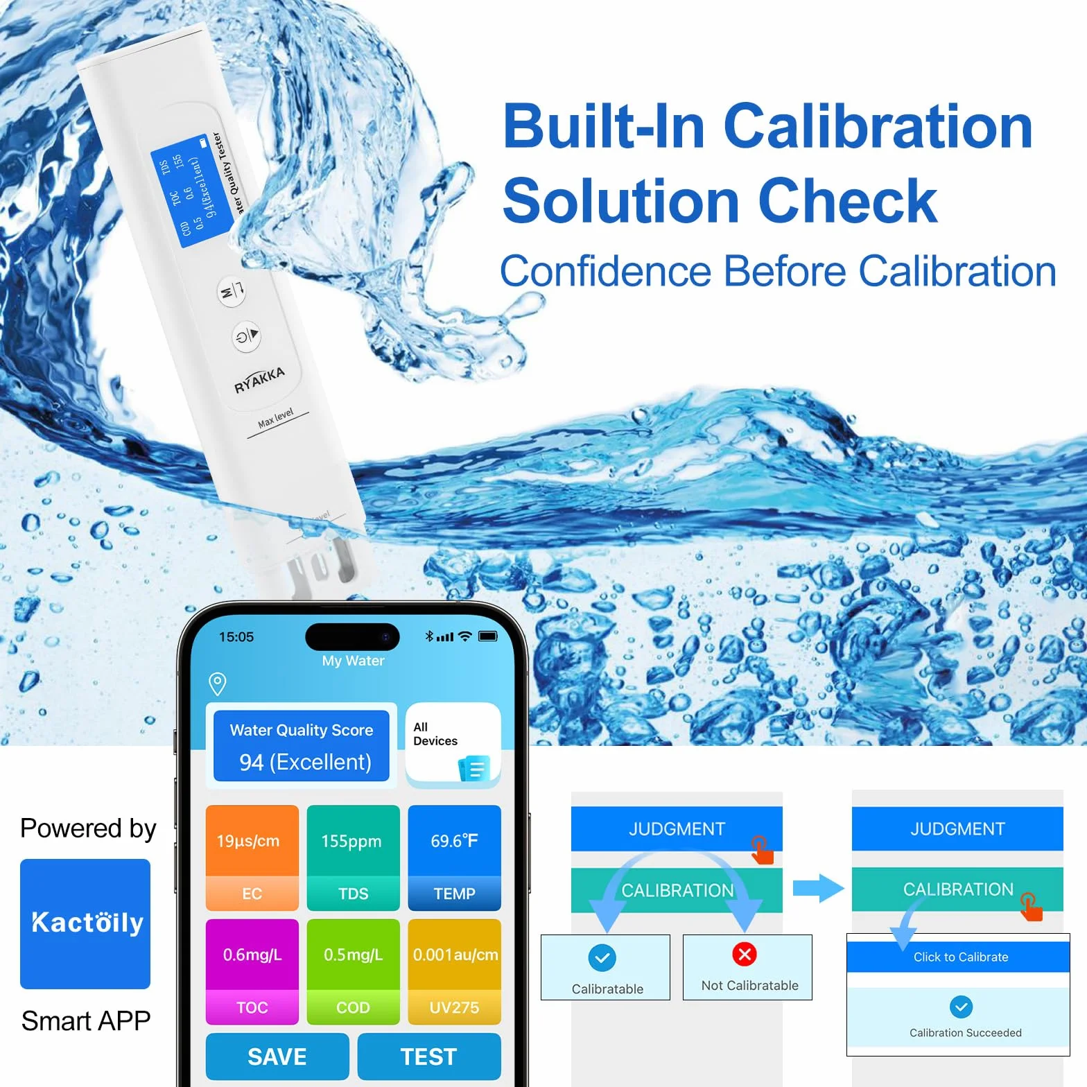 Testeur d’Eau Intelligent 6-en-1 avec App, Analyse TDS/EC/TOC/COD/UV275/Temp, Score 4 Couleurs, Calibration Intelligente, Testeur de Qualité de l'eau Portable pour Filtre, Maison, Camping