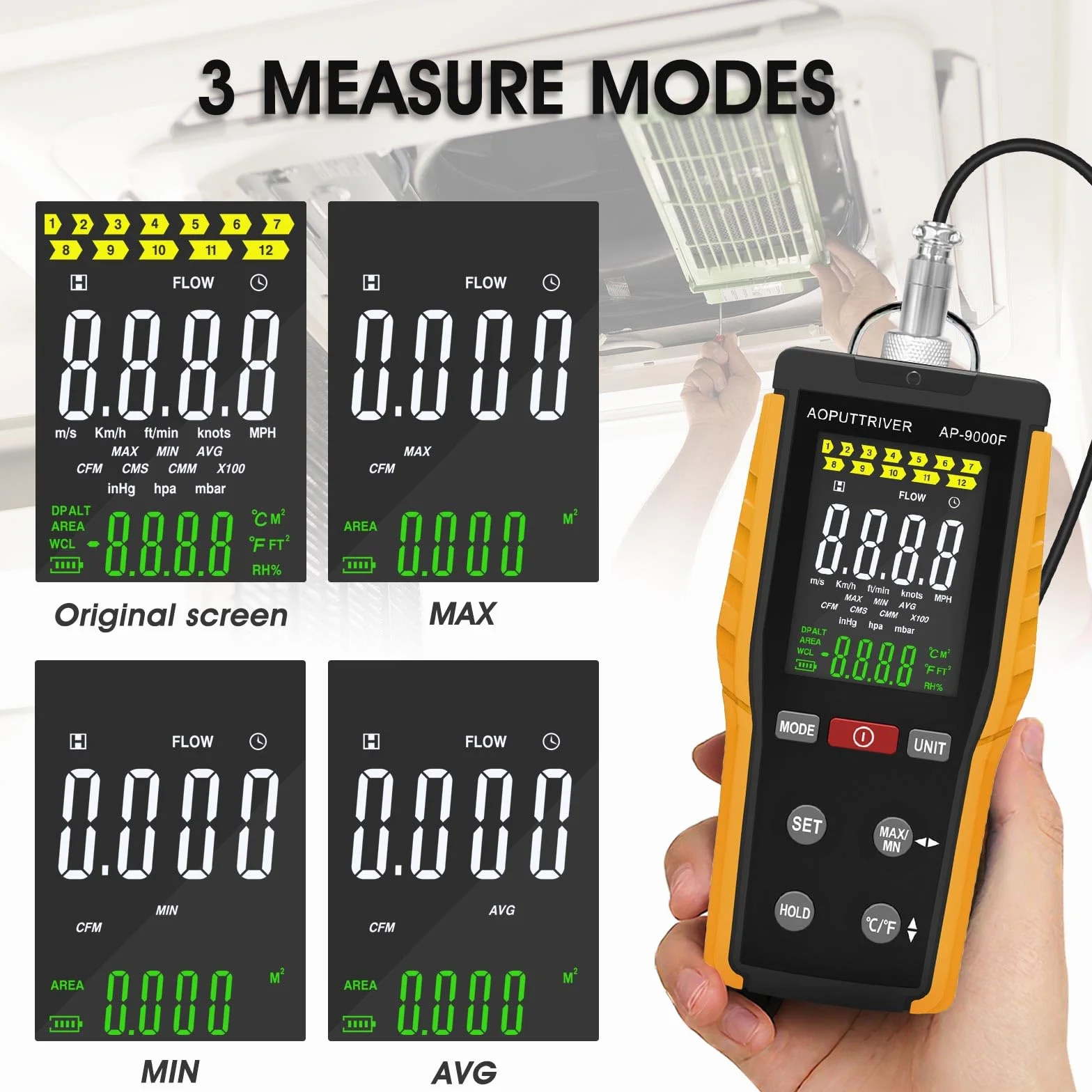 Anémomètre Portable, Anémomètre à fil Chaud pour CVC Avec Vitesse du Vent et Vitesse du Flux D'air 0,1-30 m/s CFM/CMM Débit D'air 0-999900 MAX/MIN/AVG Température et Rétroéclairage écran LCD AP-9000F