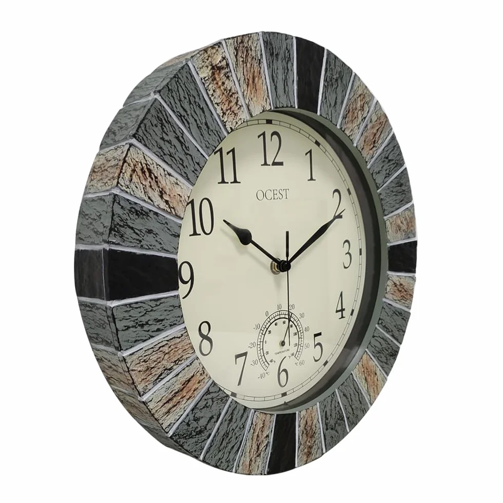OCEST Horloges de jardin étanches de 33 cm, grande horloge murale rétro avec thermomètre, fonctionne à piles, horloges décoratives sans tic-tac, pour terrasse, piscine, cuisine