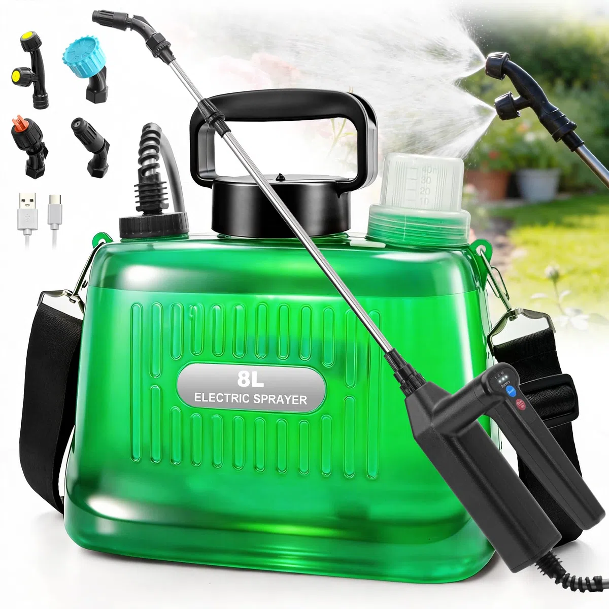 SideKing Pulvérisateur Électrique 8L, Pulverisateur de Jardin, Poignée 3 Vitesses Réglables, 4 Buses, Lance Télescopique, Pulvérisateur à Batterie pour Désherbage, Pelouse, Allée - Vert Transparent