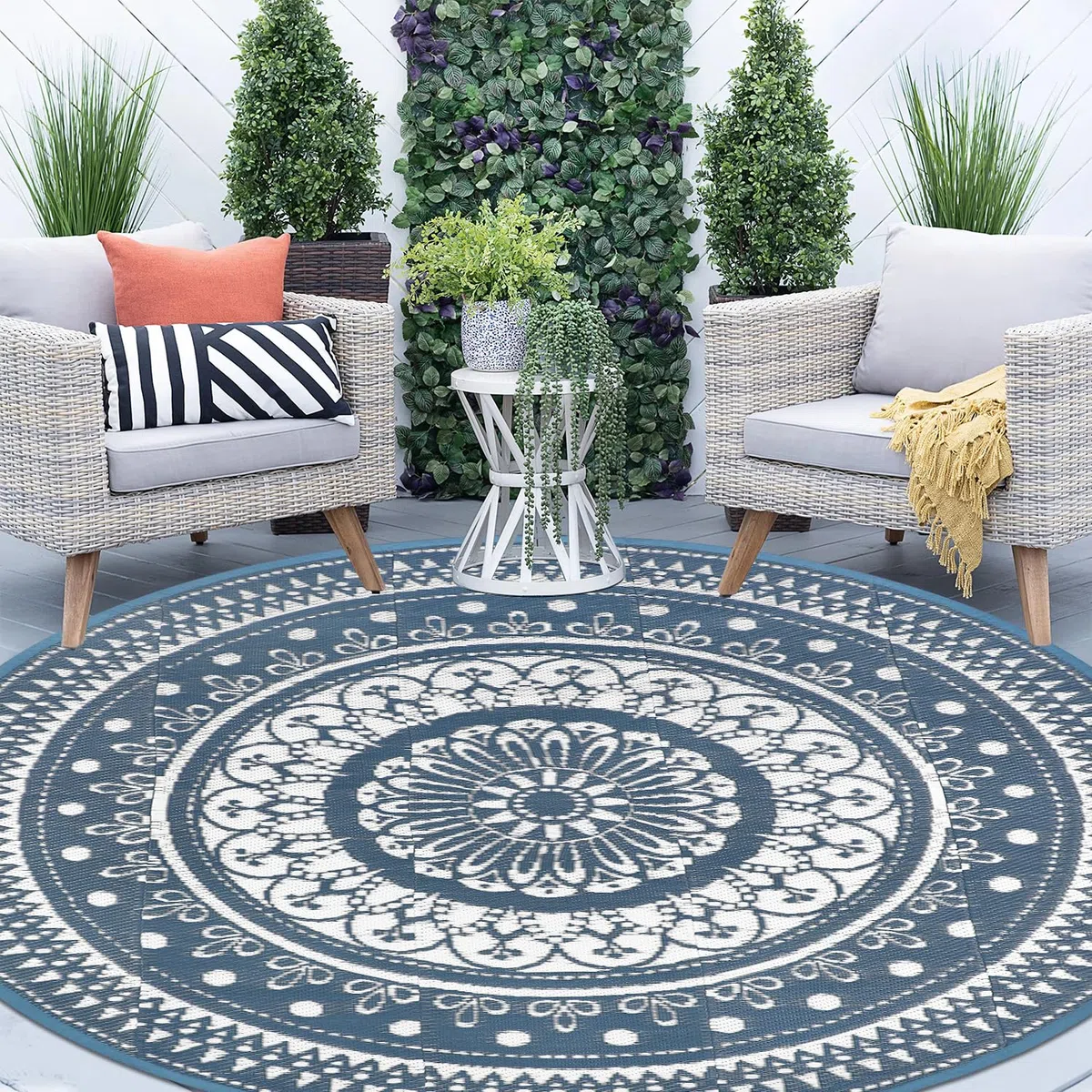 Cekene Grand tapis d'extérieur rond imperméable, réversible, en plastique, facile à nettoyer, pour extérieur, terrasse, jardin, camping-car, remorque, terrasse, pique-nique - Bleu - 240 cm