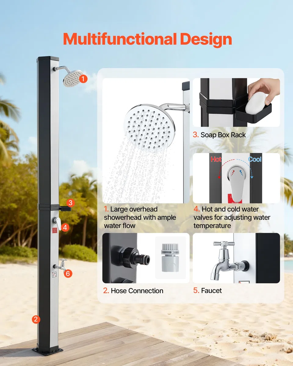 VEVOR Douche Solaire 35 L Douche Extérieur Solaire Autoportante pour Jardin Piscine Plage, Hauteur Pommeau 1,95 m, avec Robinet Lavage des Pieds, Porte-Savon, Réglage Eau Chaude Froide, Noir Argenté