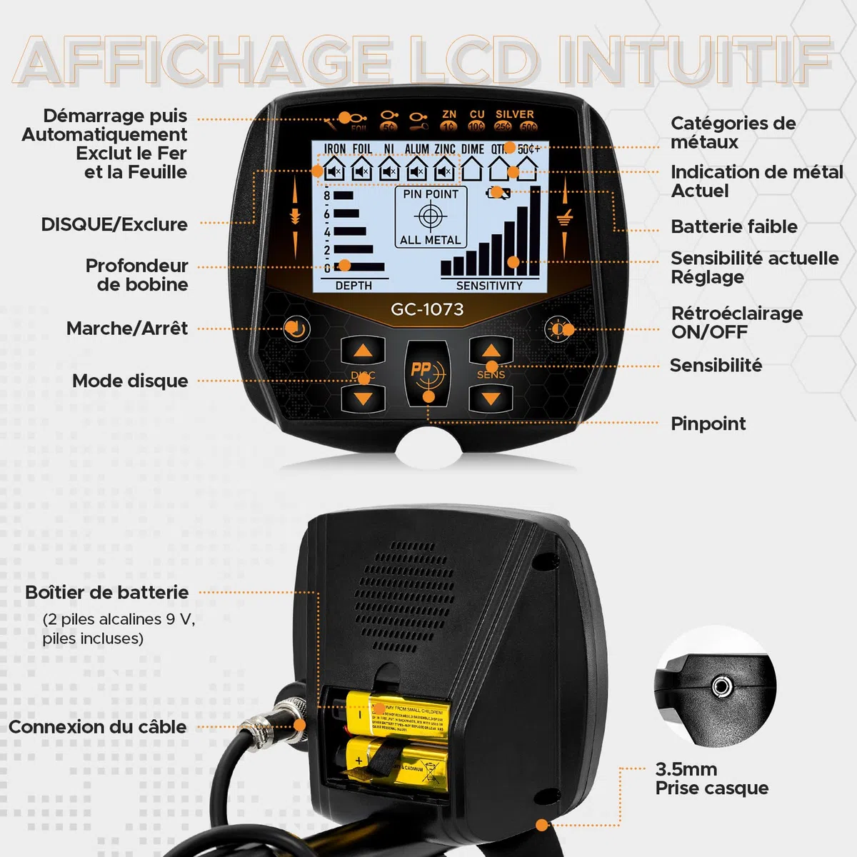 Hazlewolke 33cm detecteur de metaux Professionnel pour Adultes avec Grande Bobine de Recherche étanche Double d, Haute sensibilité et Fonction de pointeur, avec écran LCD rétroéclairé